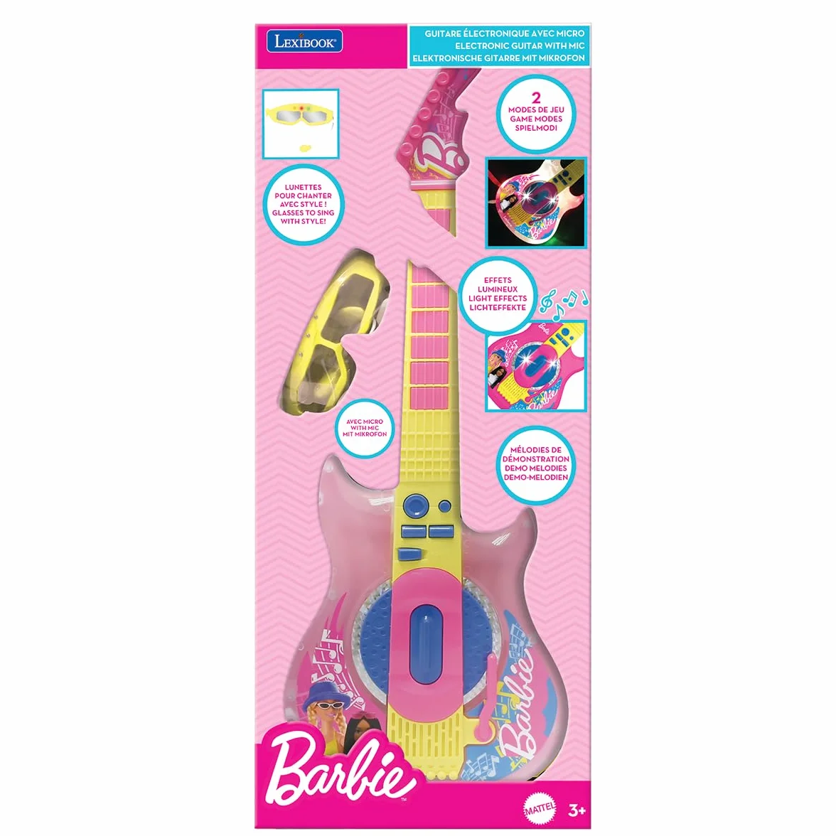 Lexibook, Barbie, Gitara Elektroniczna z Mikrofonem i Okularami do Śpiewania ze Stylem, 2 Tryby Gry, Melodie Demonstracyjne, Efekty Świetlne, Różowy, Żółty, K260BB
