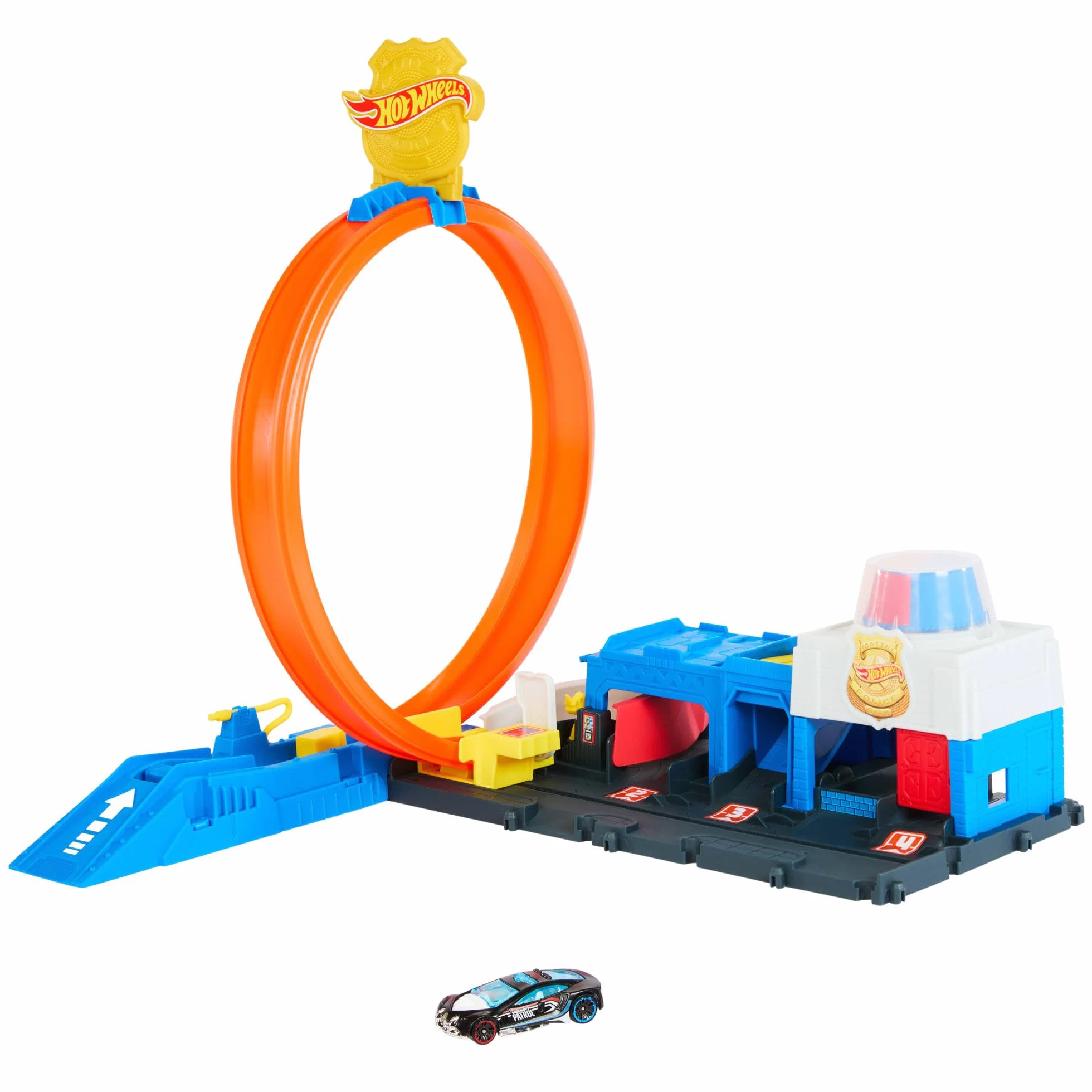 Hot Wheels City Posterunek policji Super Pętla Zestaw do zabawy, tor wyścigowy, metalowy samochód zabawka w skali 1:64 i pętla rajdowa, JBM71