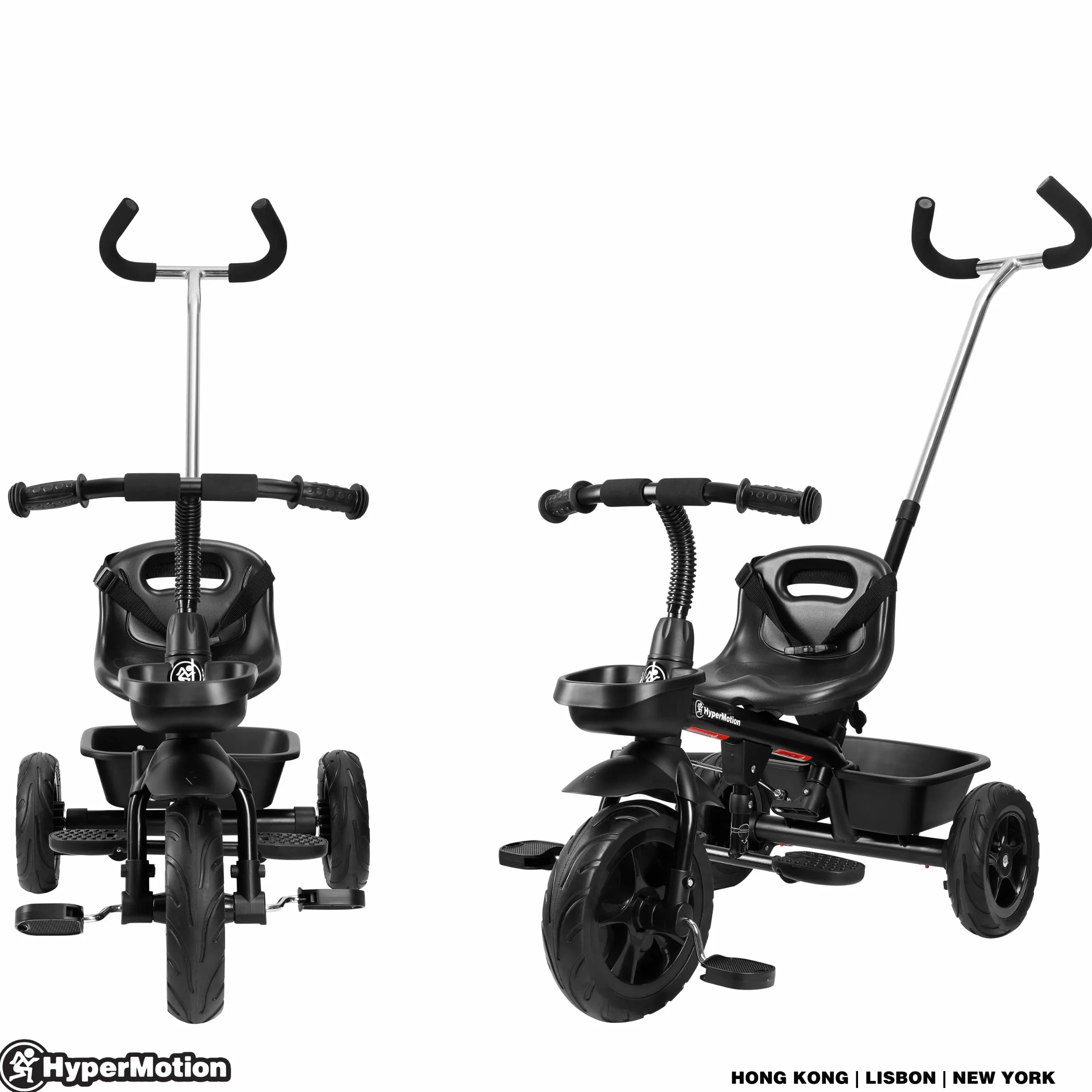 HyperMotion, Rowerek Trójkołowy dla Dzieci z Rączką dla Rodzica TOBI VECTOR, Wiek 1-4 Lata, Waga do 20 kg, Koła Wiecznie Napompowane, Lekki, Koszyk na Zabawki, Czarny