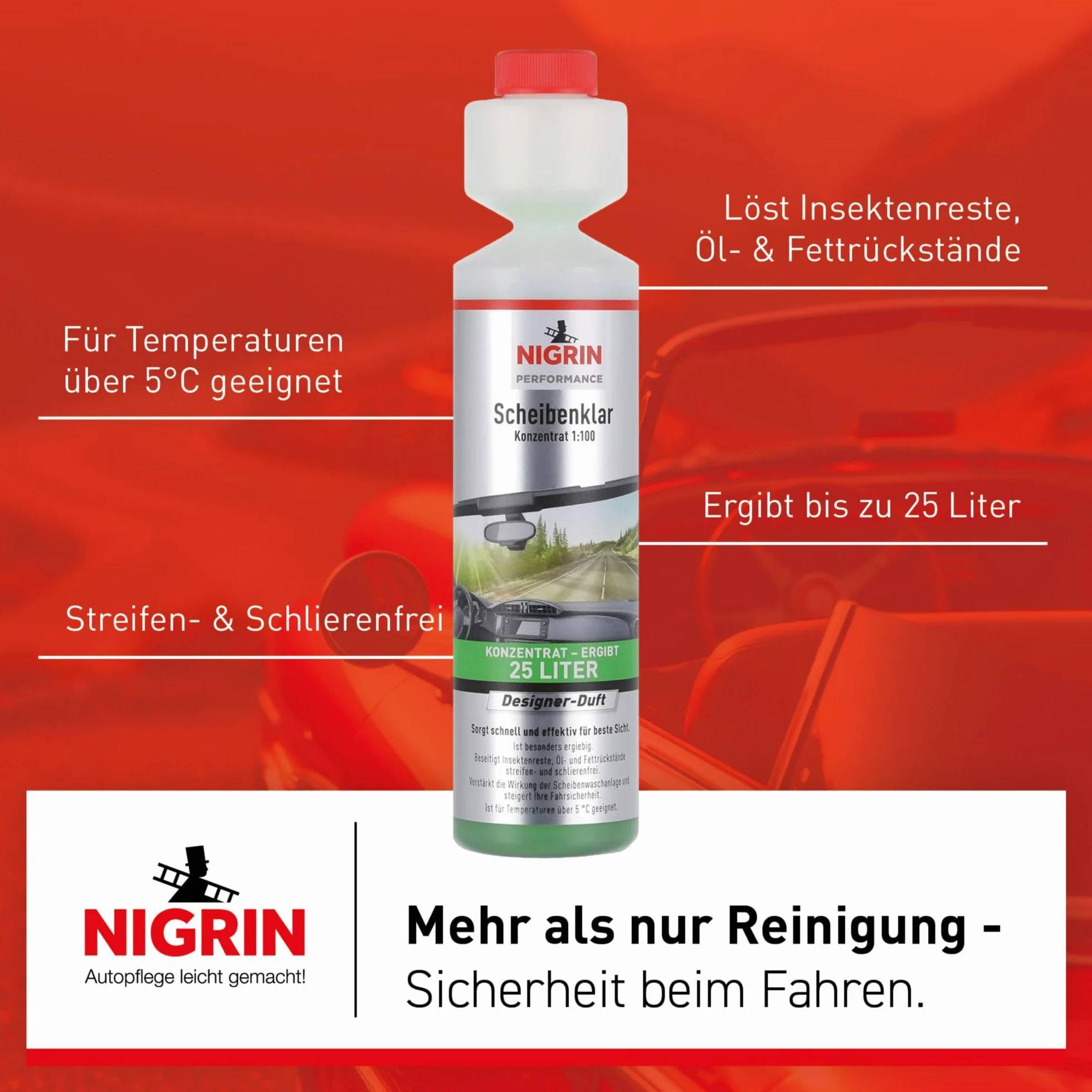 NIGRIN Scheibenklar koncentrat 1:100, szybki i skuteczny dla najlepszej widoczności, 250 ml, bezbarwny
