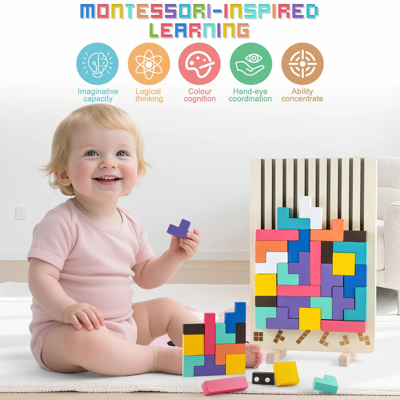 Montessori drewniane puzzle wtykowe, 42 części i 10 kart, zabawka geometryczna gra przyporządkująca, edukacyjny STEM, prezent edukacyjny dla dzieci od 3+, gra logiczna do logicznego myślenia