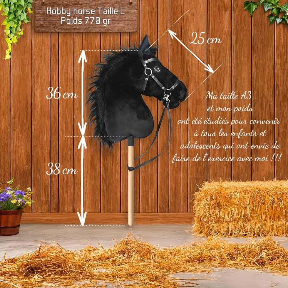 Hobby Horse Black A3 Czysta krew, koń z siatką, mors, sterem i floką. kij do hobby koni dla dzieci i młodzieży