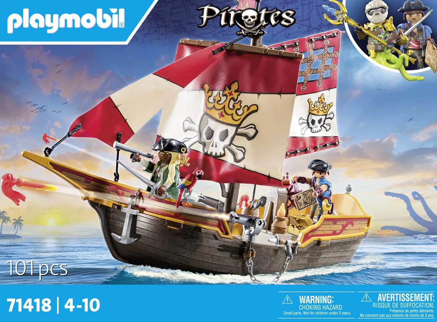 PLAYMOBIL Pirates 71418 Statek piracki, ciekawe, pirackie przygody na pełnym morzu, z bogatym wyposażeniem: teleskop, kompas i armaty, od 4 roku życia