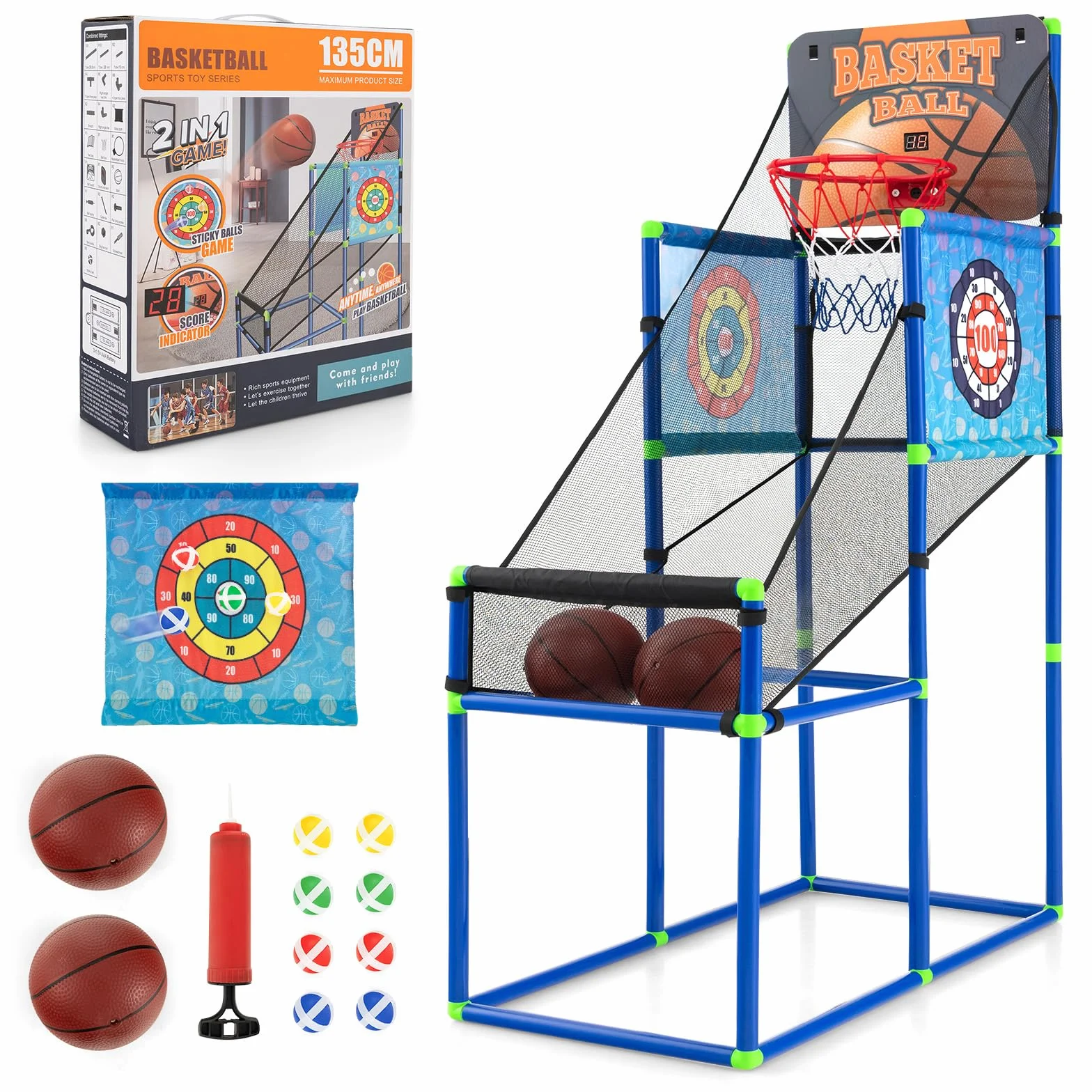 COSTWAY Arcade zestaw do gry w koszykówkę, stojak do koszykówki z tablicą wyników i efektem dźwiękowym, w zestawie 2 piłki do koszykówki, 1 pompka, 2 tarcze celujące, 8 piłek na rzepy, automat do