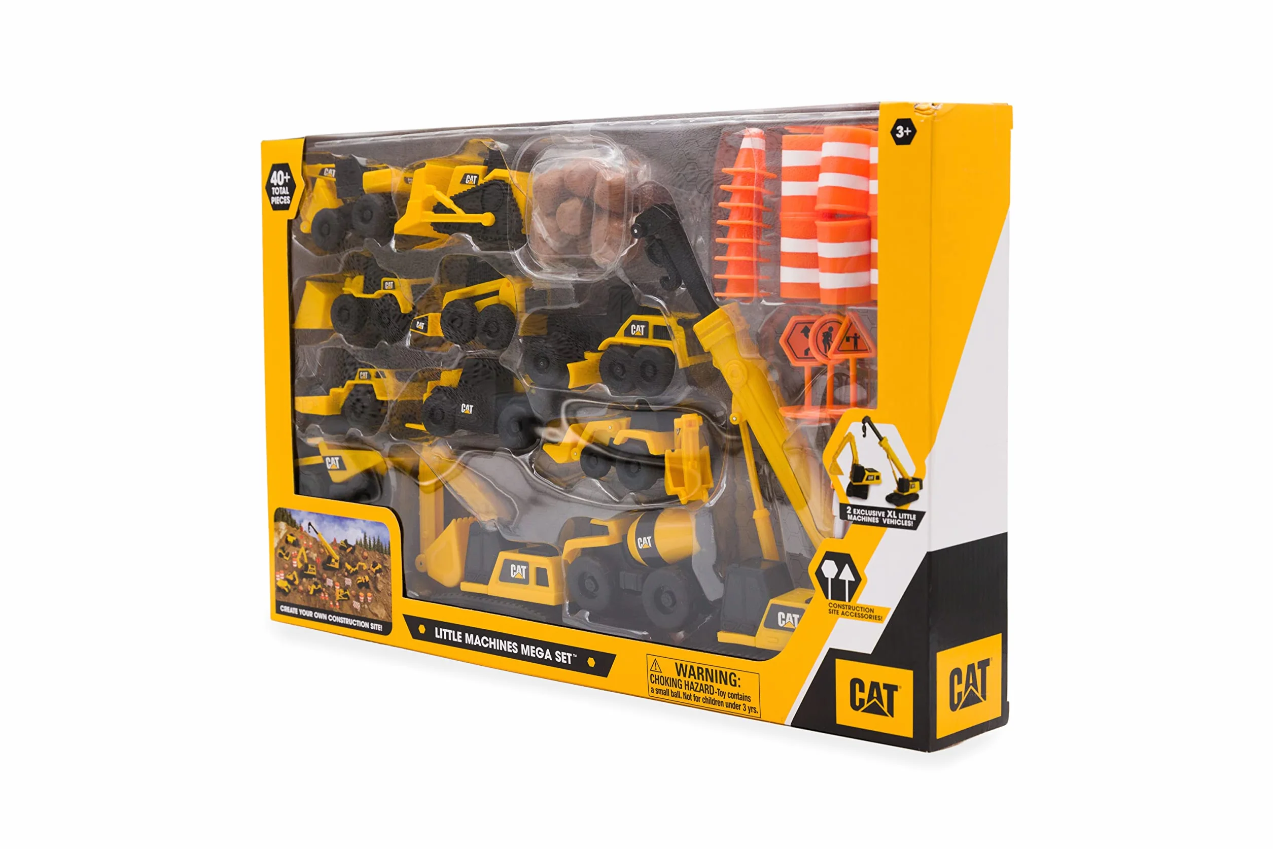 CAT® Construction Little Machines Mega zestaw I z 40 częściami zawiera pojazdy, dźwig, znaki drogowe, stożki, głazy i beczki I Dla dzieci w wieku 3+, żółty
