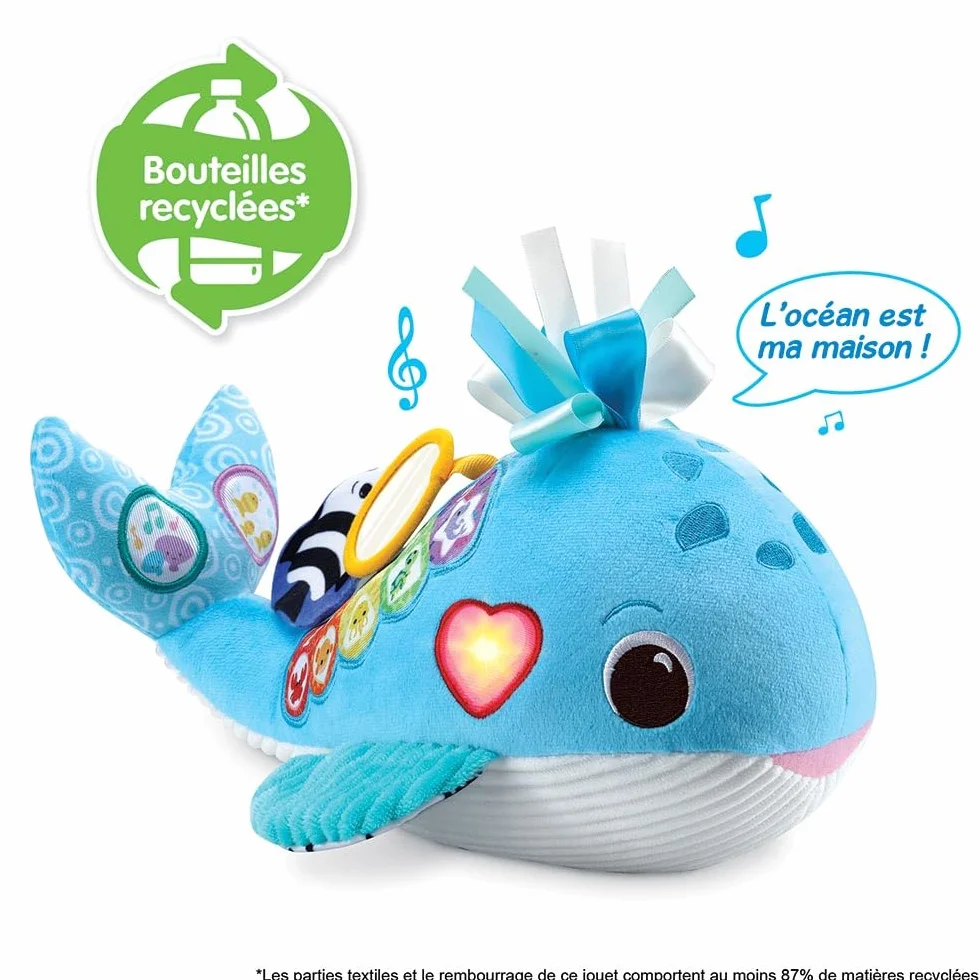 VTech - Ocean, My Musical Whale, interaktywny i zmysłowy pluszak dla niemowląt wykonany z trwalszych materiałów, zabawka do budzenia, prezent z okazji narodzin dziecka od 3 miesięcy - zawartość w