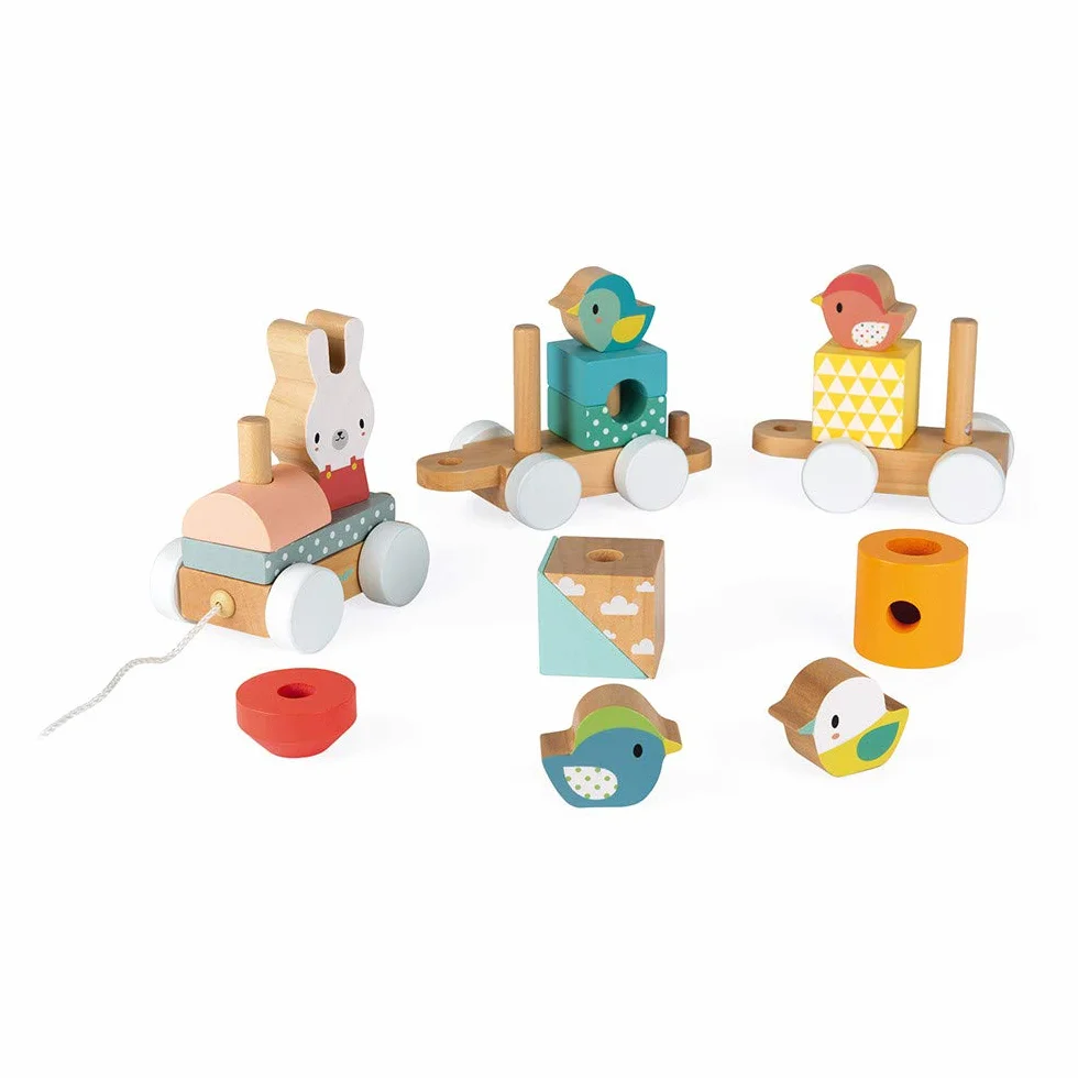 Janod - Pure Wooden Train - 2-in-1 Pull-Along Toy - Motor Skills Training and Manipulation - Water-based Paint - From 1 Year Old, J05157