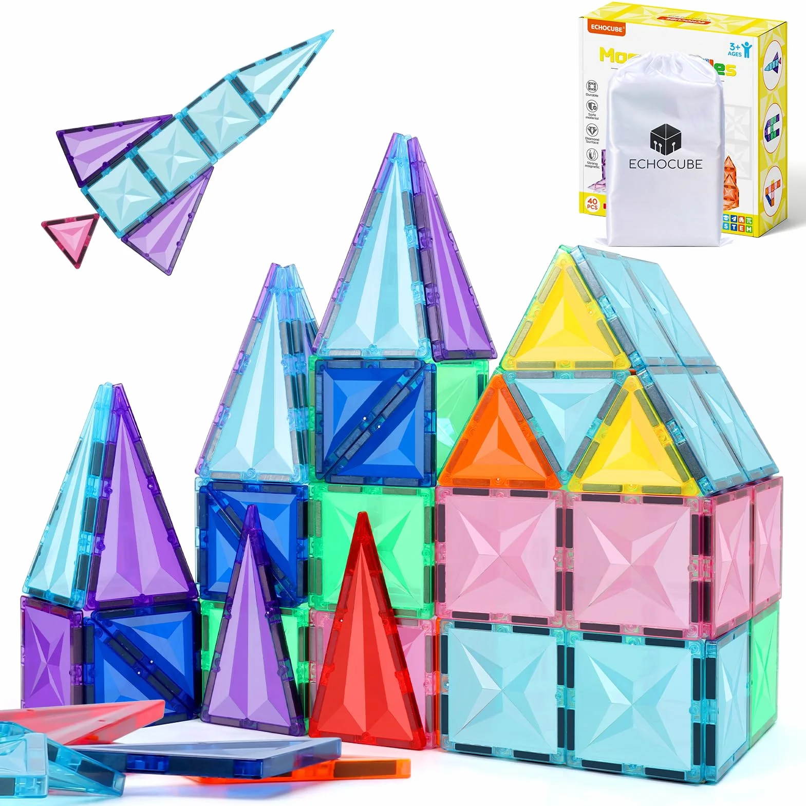 Magnetyczne klocki budowlane, 40 PCS Zestaw płytek magnetycznych, edukacyjne Magnetyczne Klocki Budowlane Bożonarodzeniowy prezent dla dzieci 3-letni i w górę