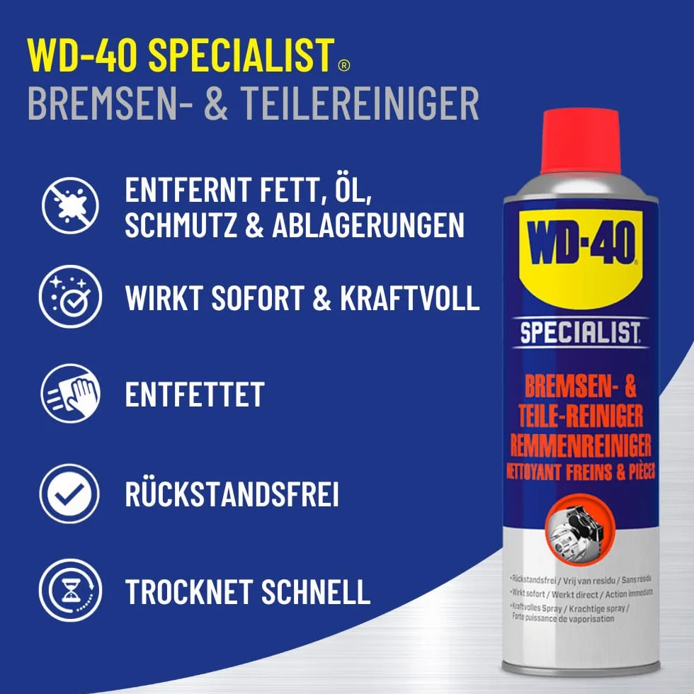 WD-40 Specialist Środek do czyszczenia hamulców i części 500 ml – środek do usuwania tłuszczu do hamulców, sprzęgieł i części silnika, usuwa kurz z hamulców, olej i zanieczyszczenia, poprawia
