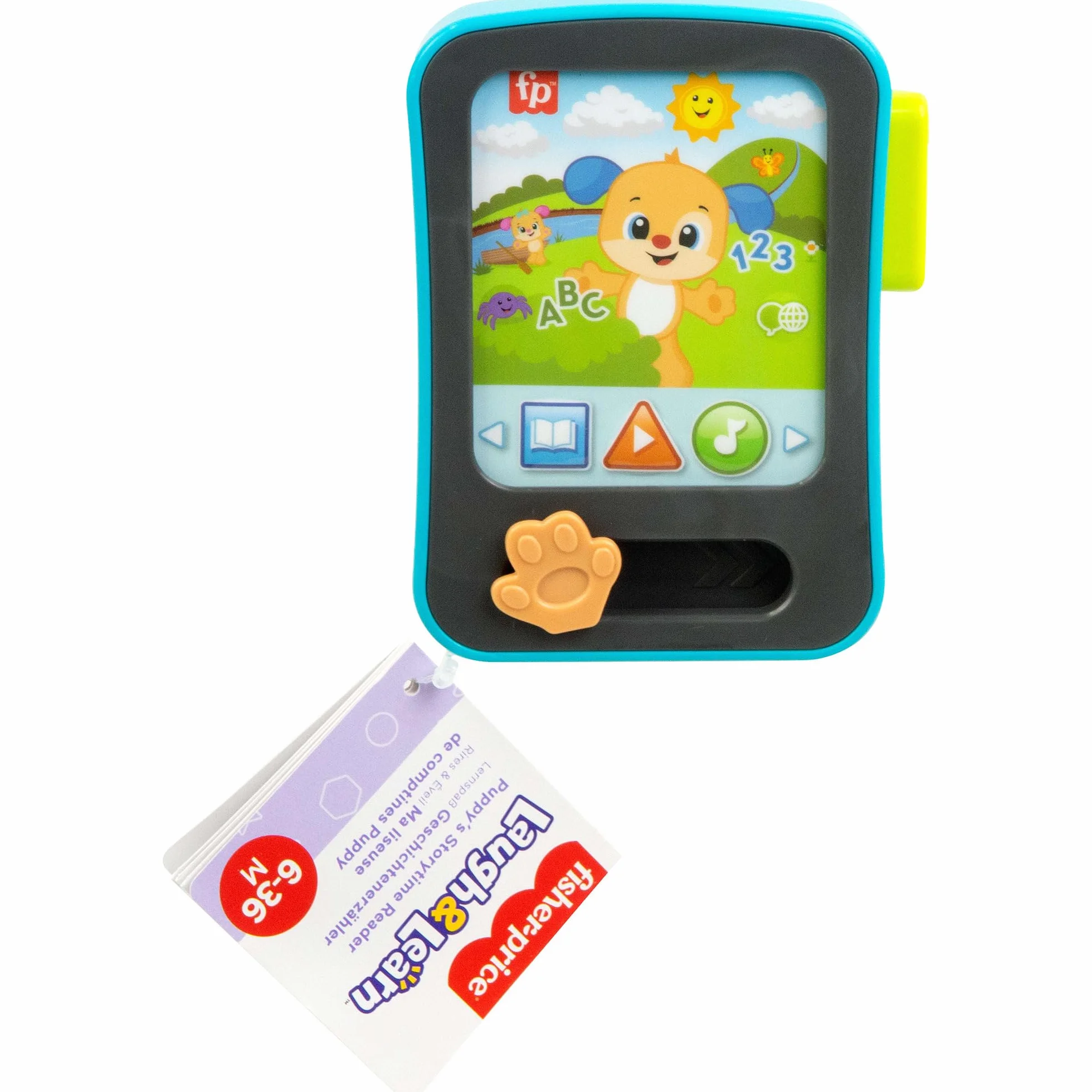 Fisher-Price Zabawka edukacyjna dla niemowląt, śmiech i ucz się, czytnik historii szczeniaka, tablet z muzyką i światłami, dla dzieci w wieku od 6 miesięcy, wersja wielojęzyczna: angielski, francuski