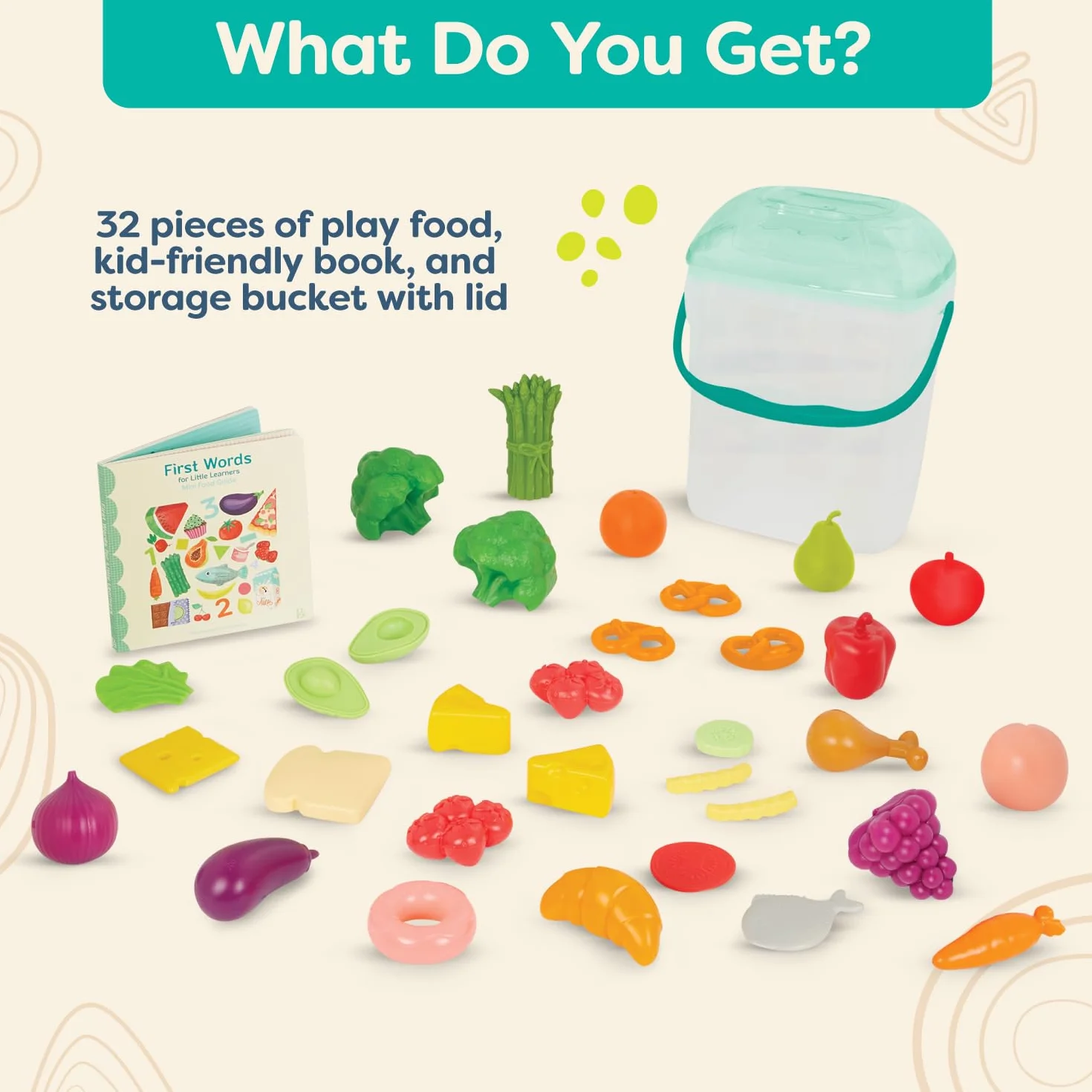 B. toys Zestaw planszy, 32-częściowy zestaw do zabawy - Educational Book for Toddlers - Storage Bucket with Lid - 2 Years + - Foodie Fun, wielokolorowy (Branford BX2125Z)