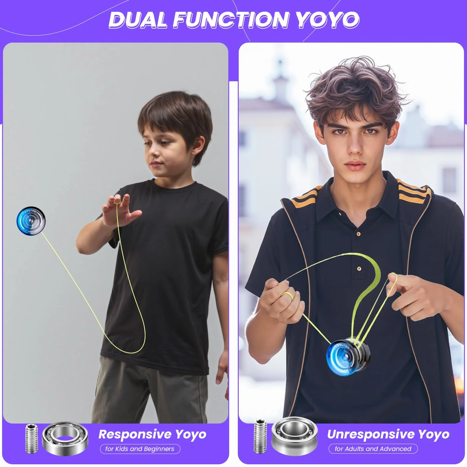 MAGICYOYO Responsywny Yoyo dla dzieci K2 Crystal Black Blue, 2 w 1 - responsywny i nie reaguje Yo Yo, Finger Spin Trick Yoyo z niereagującym łożyskiem, 12 strun, torba jo-jo, narzędzie i akcesoria