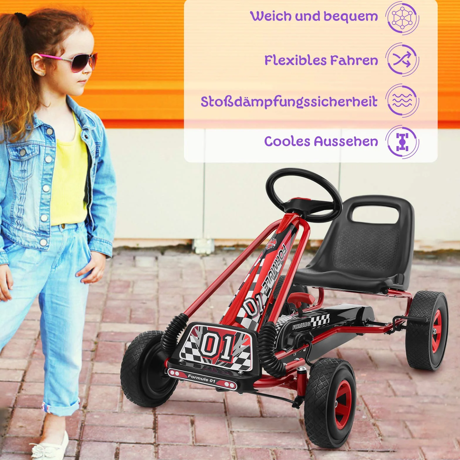 GOPLUS Gokart od 3 lat, gokart z regulowanym siedziskiem, bieg do przodu i do tyłu, samochód na pedały z gumowymi kółkami, elastyczne sprzęgło i hamulec ręczny, pojazd dla dzieci w wieku 3-8 lat