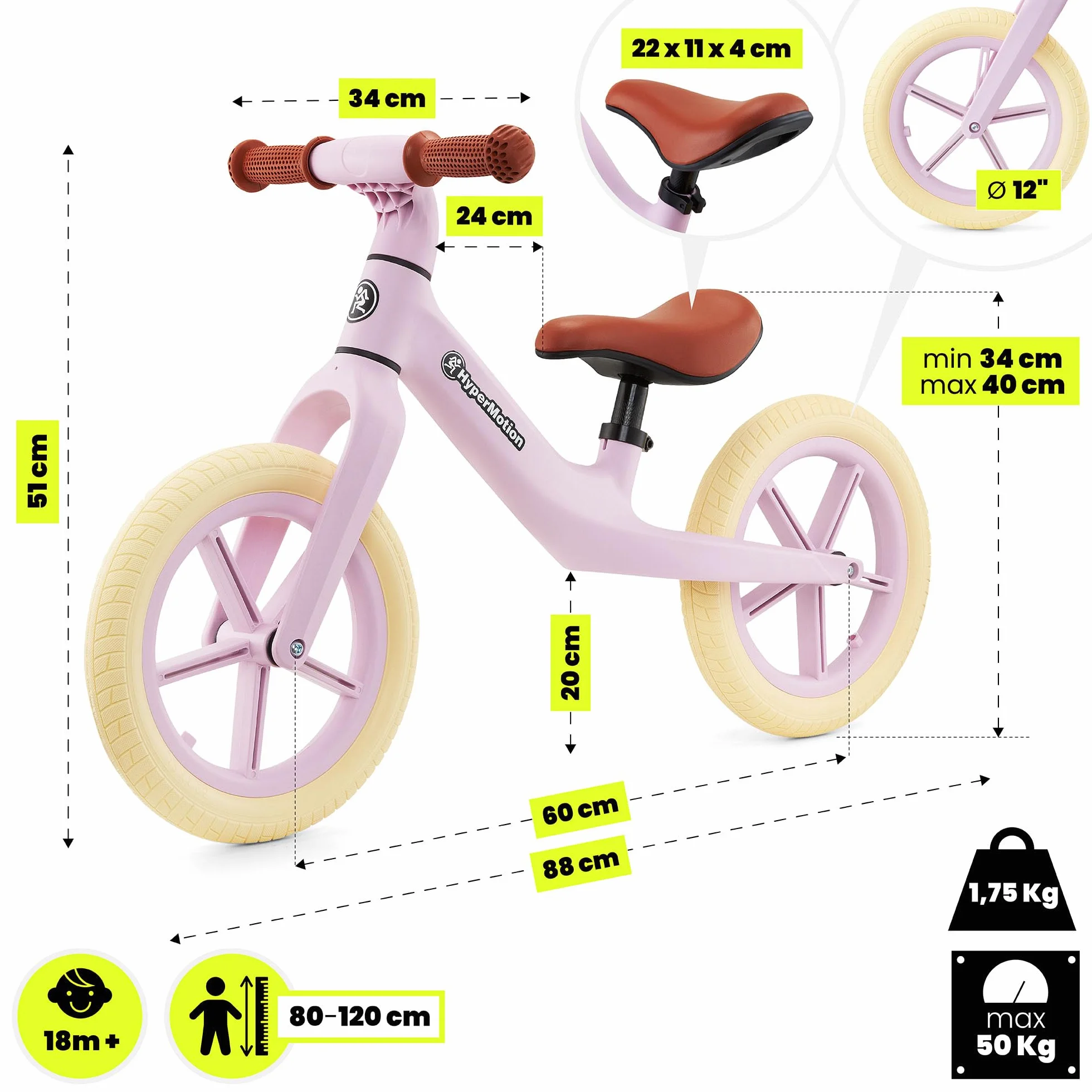 HyperMotion Rowerek Biegowy Marcelo – Lekki i Stabilny, Regulowane Siodełko, Retro Koła PU – Dla Dzieci 18m+, Różowy