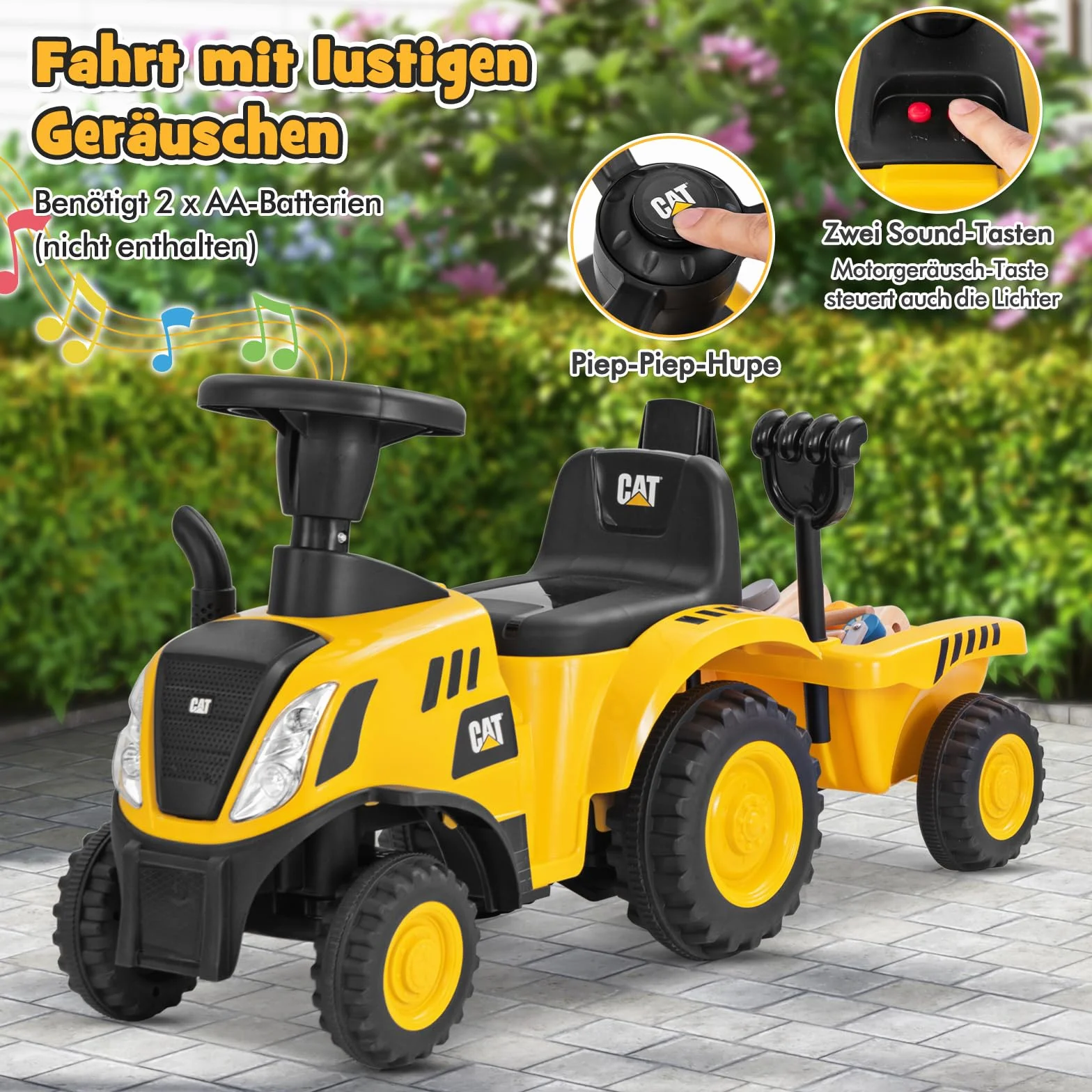 COSTWAY Samochód poślizgowy ze zdejmowaną przyczepą, traktor z szuflą i grabami, pojazd ślizgowy z klaksonem, dźwiękiem silnika i diodami LED, dla dzieci od 1 roku życia