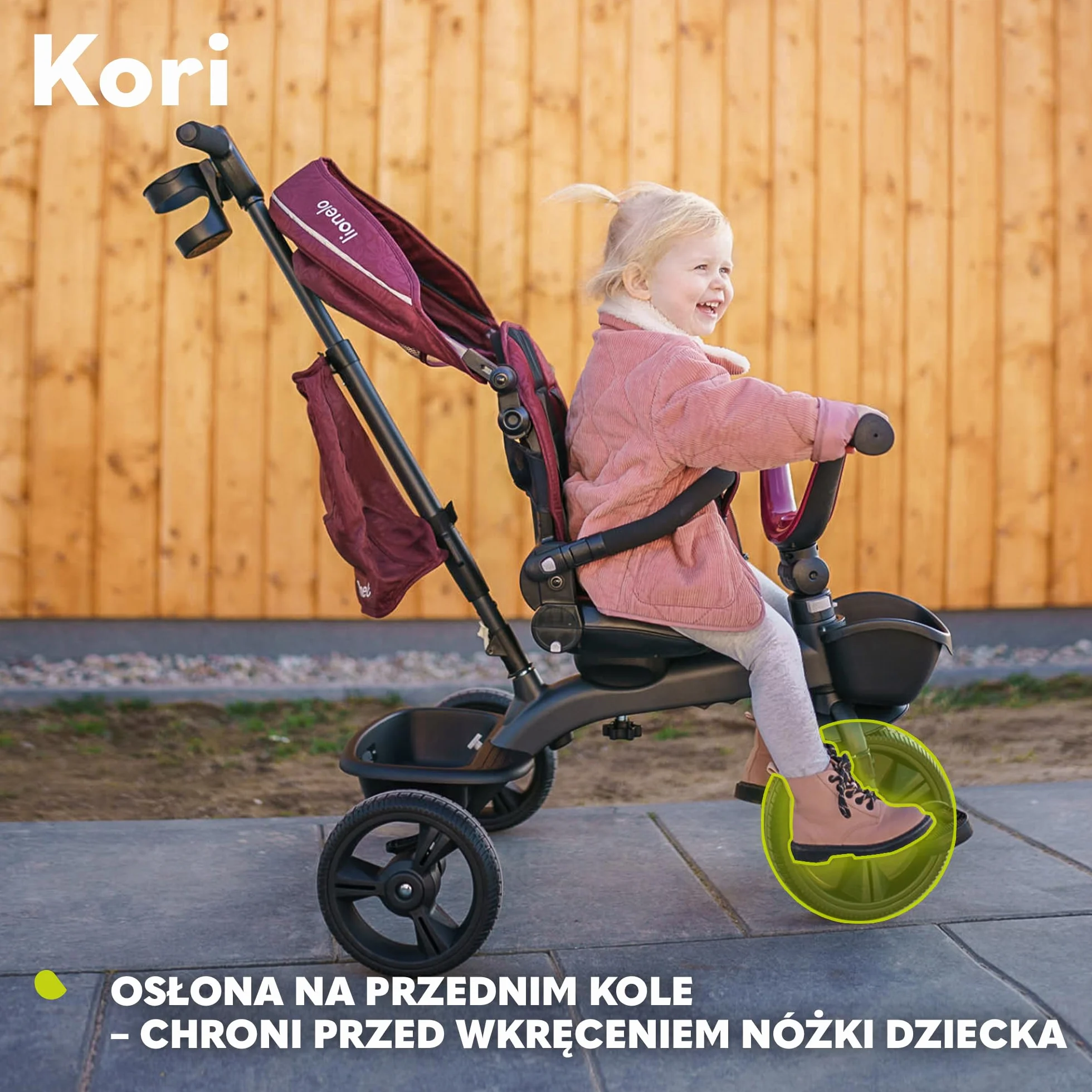 Kori trzykołowy rower z drążkiem do pchania, dla dzieci w wieku od 1,5 do 5 lat, rama magnezowa, niewymagające konserwacji, gumowe kółka, zdejmowany daszek