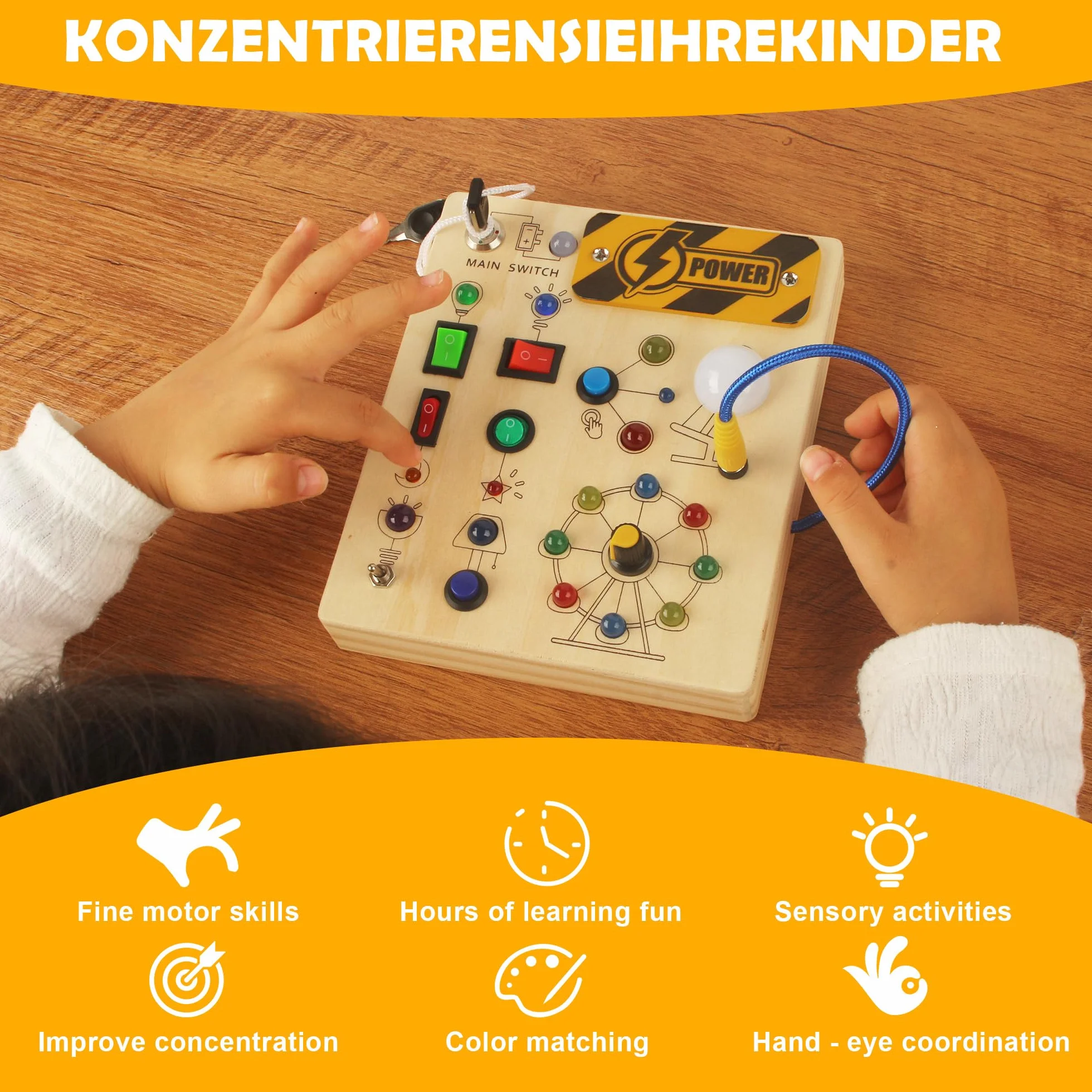 Placa Aktywności Montessori od 1 Roku, Deska Aktywności z Lusterkami LED i Przełącznikami, Zabawka Montessori do Motoryki i Sensoriki, Prezent dla Chłopców i Dziewcząt 1-4 Lat