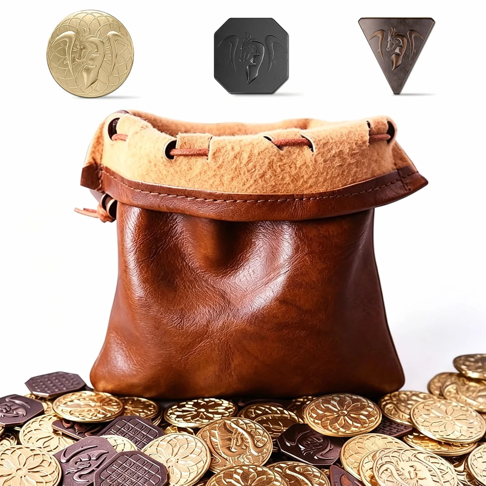 70 PCS Metalowe Monety DND, Skórzana Torba, Zawiera 30 złotych i 20 srebrnych oraz 20 miedzianych monet, Fantasy Tokeny do Gier Planszowych