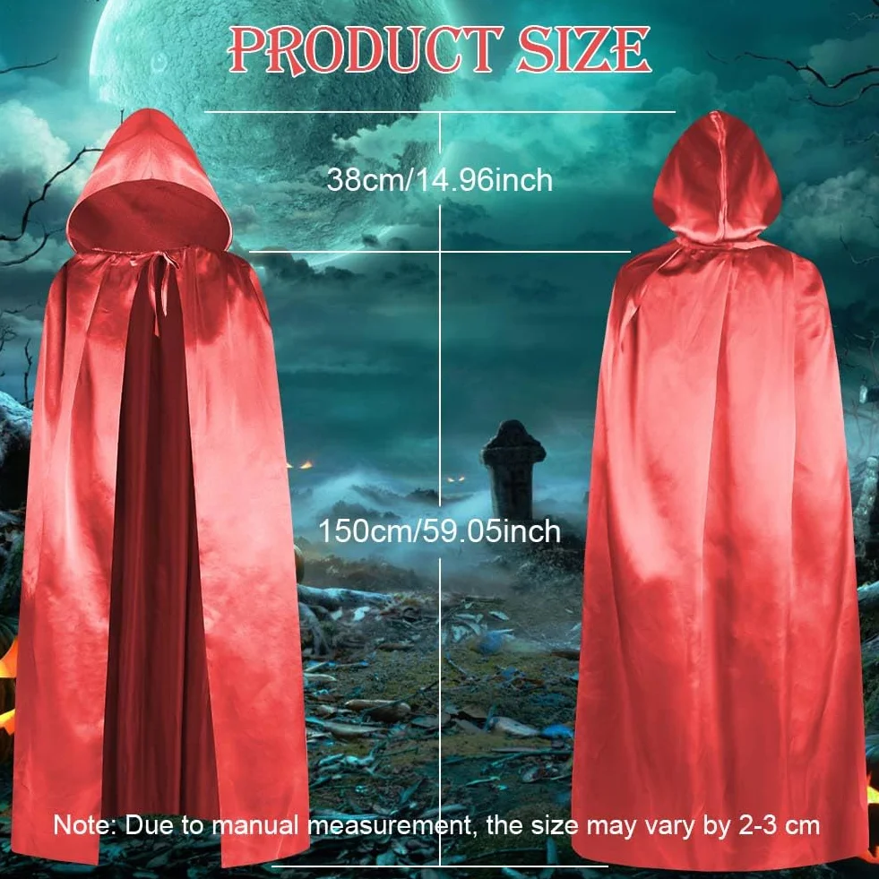 Aomig Czarna peleryna z kapturem na Halloween dla dorosłych, długa peleryna z kapturem, czarownica, akcesoria do cosplay, tajemniczy czarodziej, bajkowy, fantazyjny kostium, Halloween, maskarada