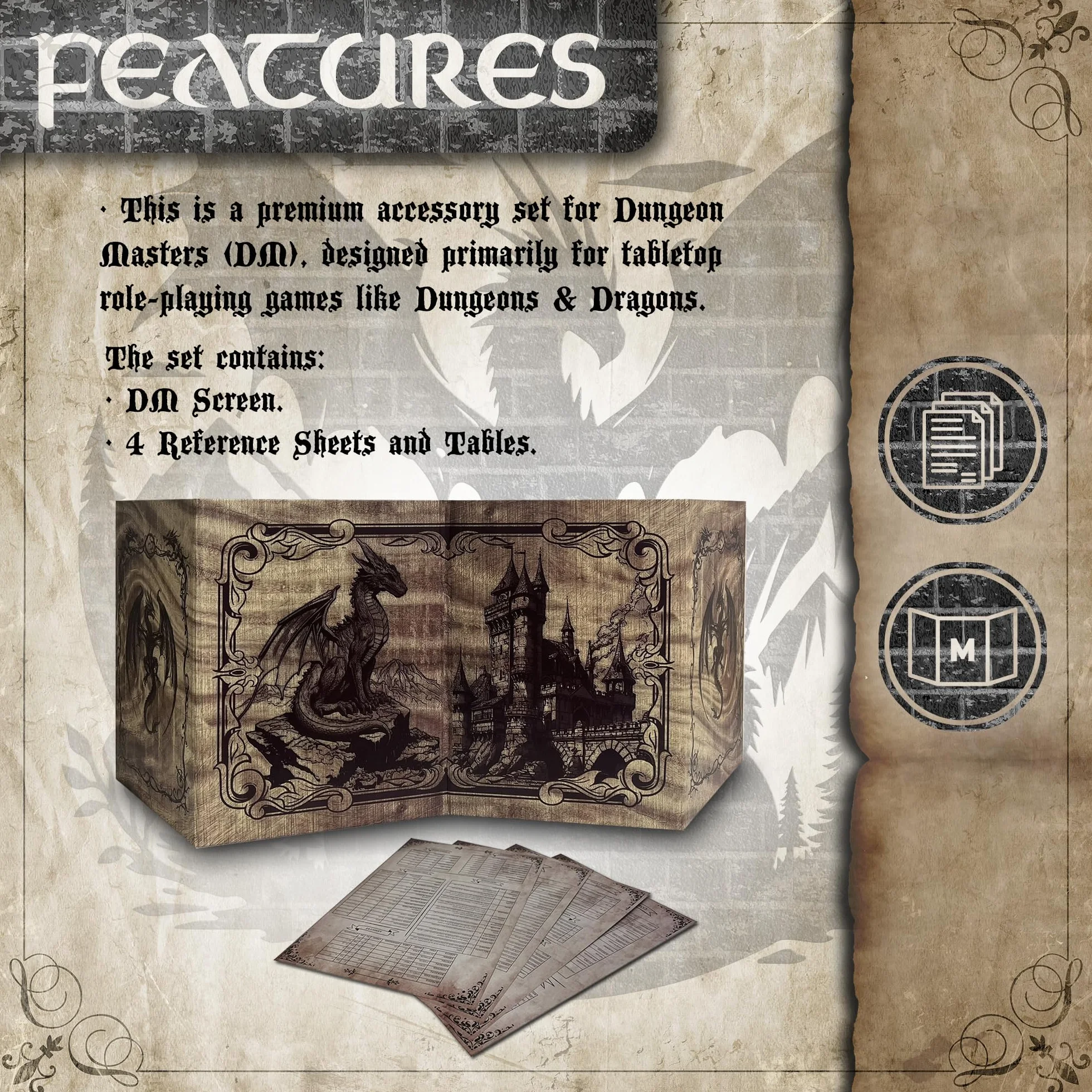 Ekran Dungeon Master - DOJA Hobby - DM Screen Składany 4 Panele Gładkie wykończenie, z wbudowanymi kieszeniami i szablonami w zestawie, akcesorium do lochów i smoków i odgrywania ról