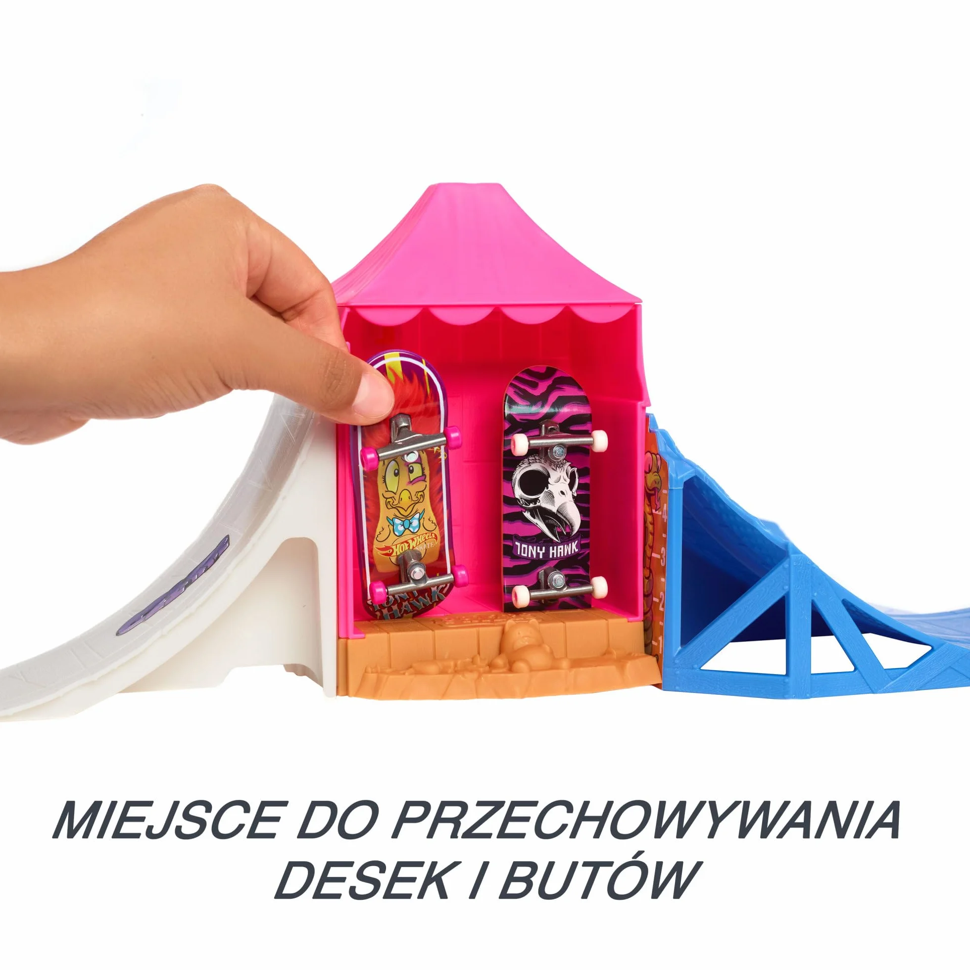 Hot Wheels Skate Skatepark Wesołe miasteczko Zestaw z 1 wyjątkową deskorolką od Tony’ego Hawka do jazdy palcami i 1 parą butów deskorolkowych, zabawka dla dzieci, HGT95
