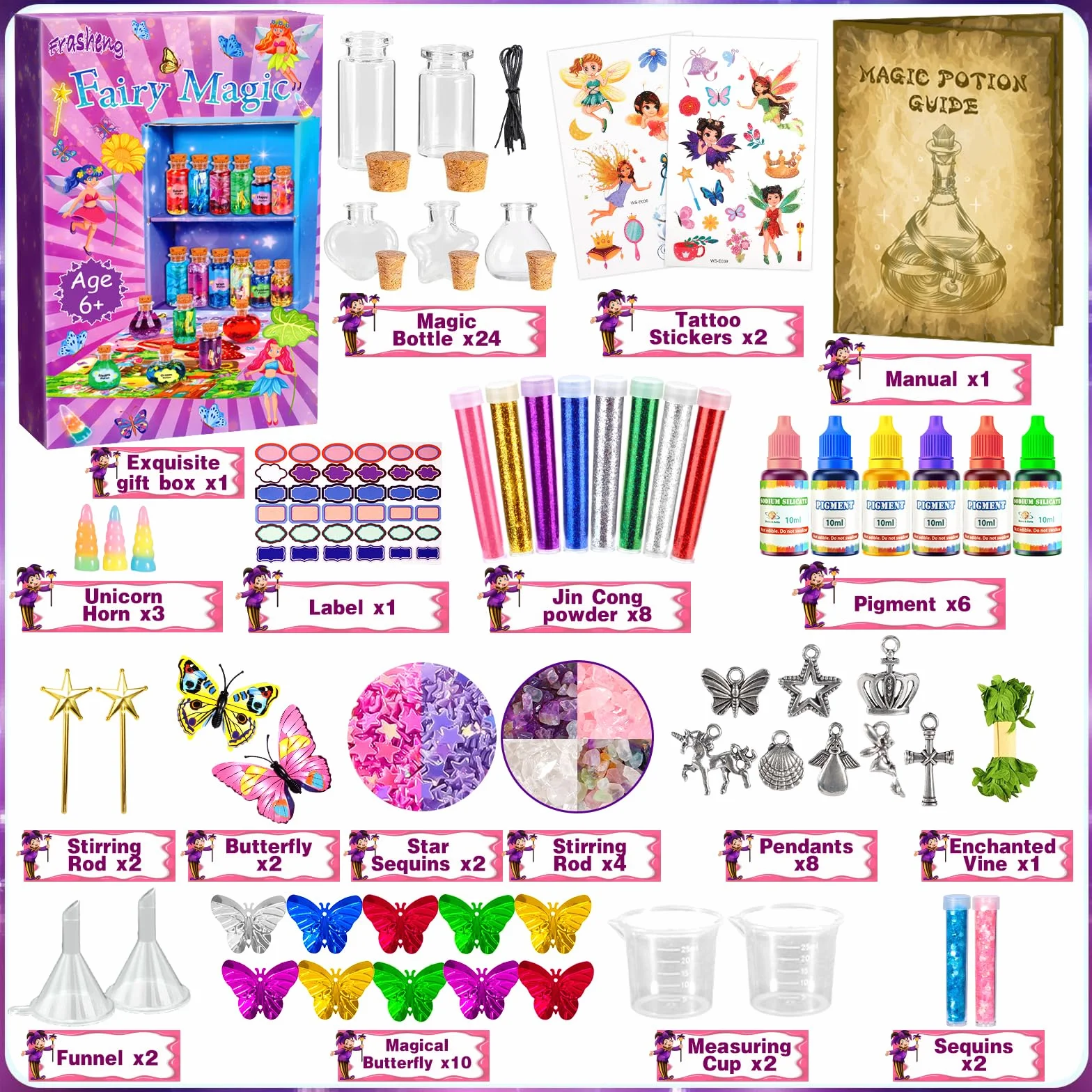 Frasheng Kreatywny prezent Dziewczyny 6-11 lat, 24 butelki magicznych eliksirów Zestaw magicznych eliksirów Dzieci DIY Kreatywny prezent dla dzieci, Zestaw rzemieślniczy magicznych eliksirów