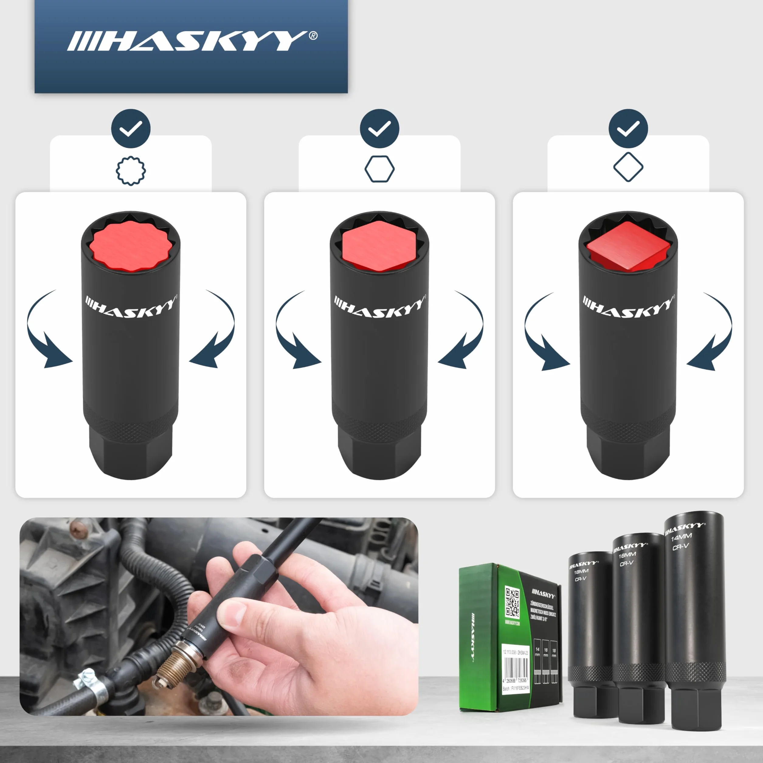 HASKYY Magnetyczny Zestaw Kluczy do Świec 14-16-18mm - Nasadki Dwunastokątne z Zabierakiem 3/8 Cala - Komplet 3 Sztuk do Świec Zapłonowych i Żarowych