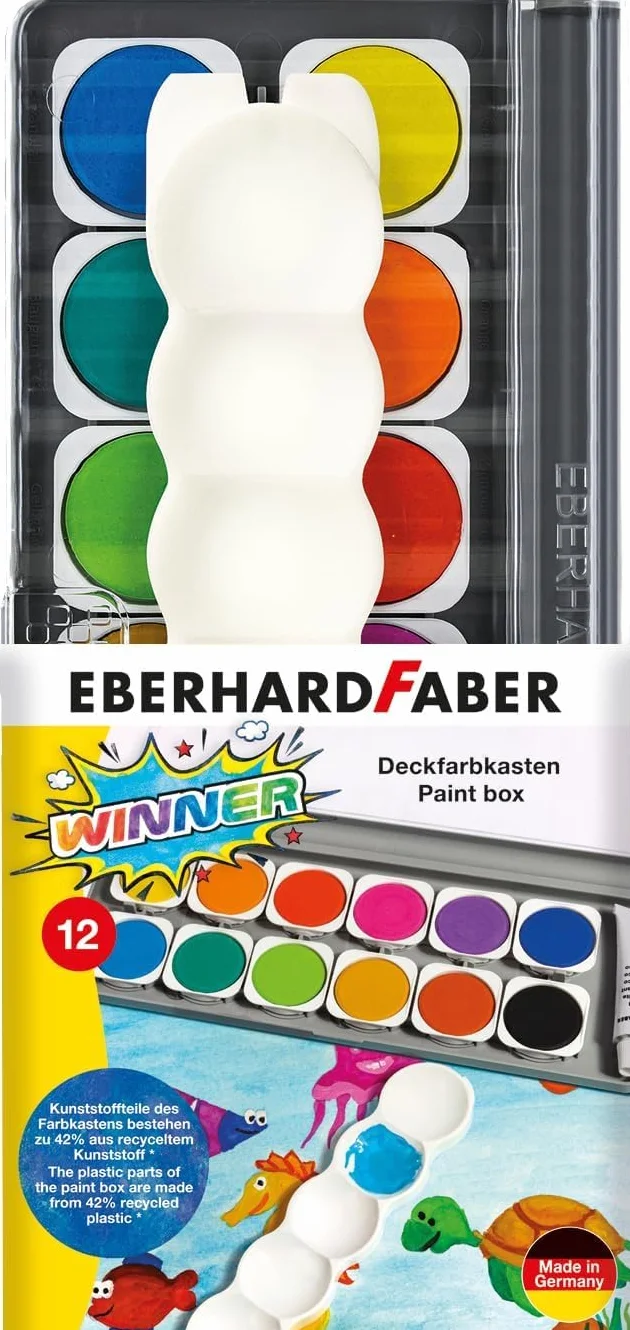 Eberhard Faber 578312 - Pudełko akwareli Winner, 12 kolorów z nieprzezroczystą bielą i paletą do mieszania
