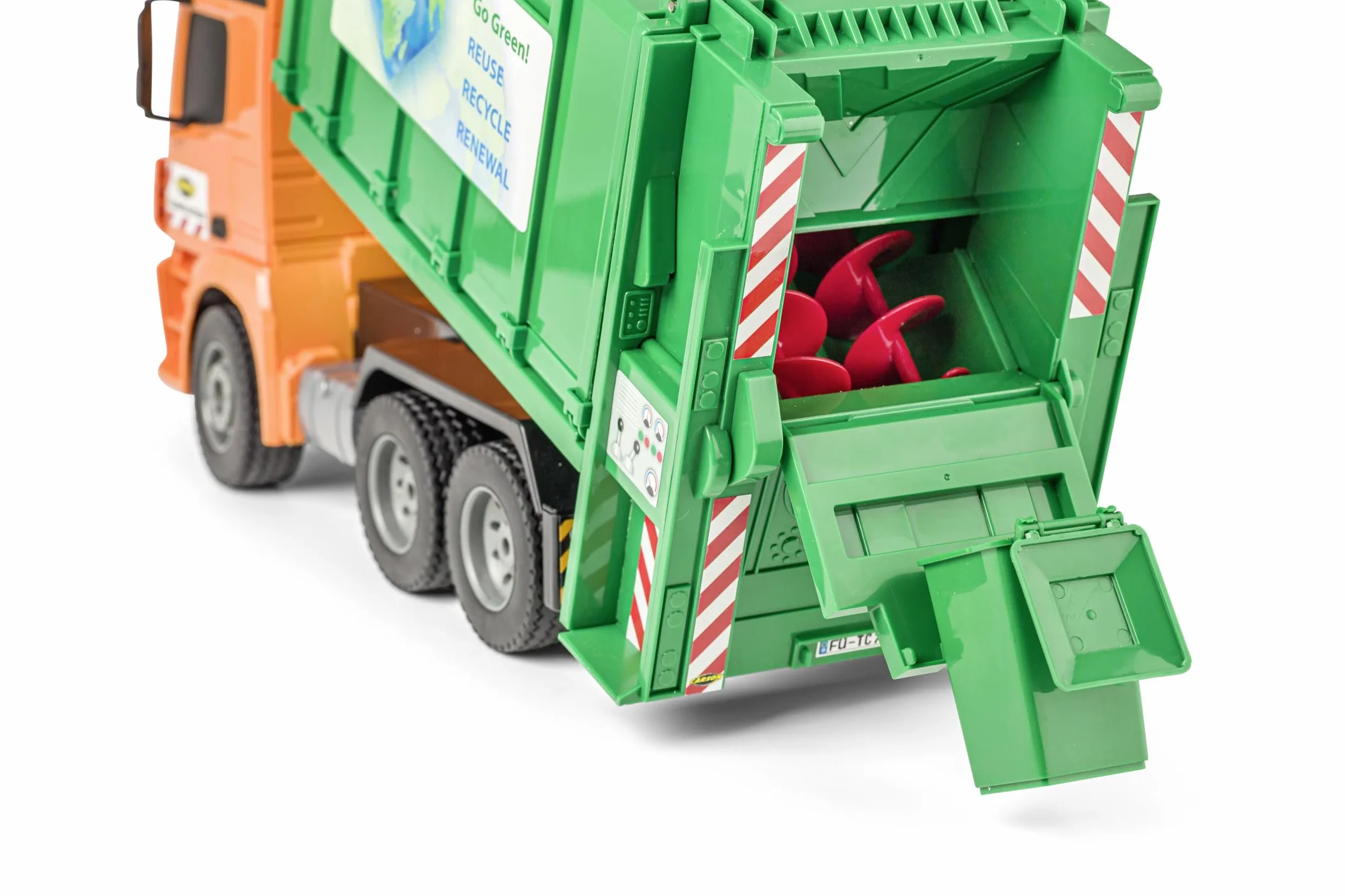 Carson 500907672 Arocs śmieciarka, 1:20 MB, 100% RTR – 100% gotowa do jazdy, zabawka, samochód zabawkowy, zdalnie sterowana śmieciarka, dla dzieci od 8 lat, czas jazdy ok. 30 min, kolor zielony