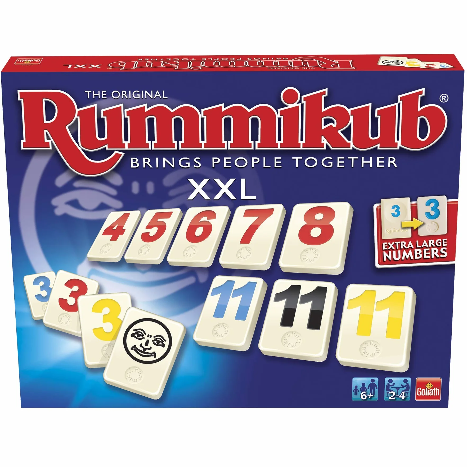 Rummikub XXL z większymi liczbami. Łatwiejszy do odczytania. Słynna gra strategiczna dla całej rodziny. TWÓRZ trójkąty lub drabiny. Baw się dobrze w tej grze dla wszystkich grup wiekowych, 928842