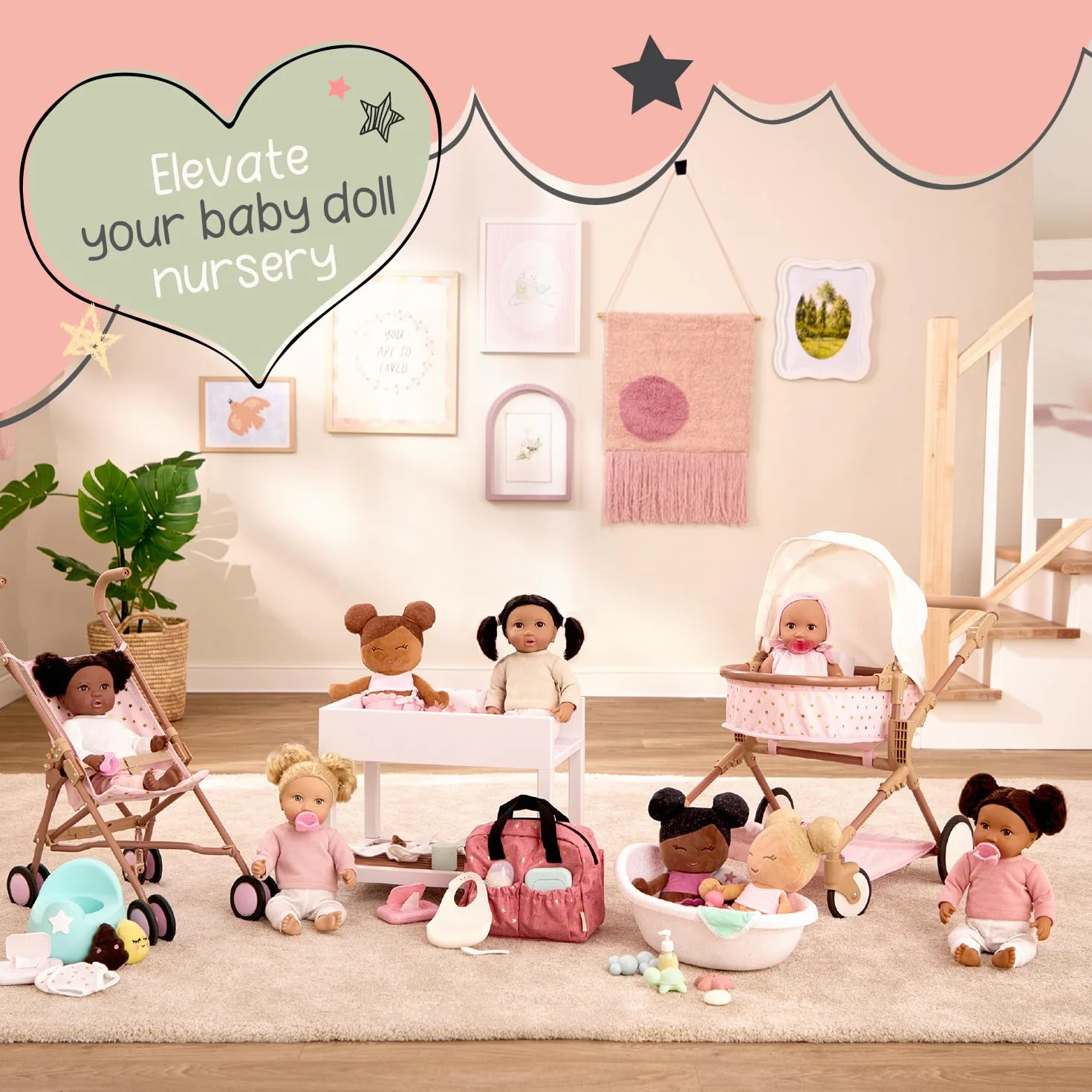LullaBaby – 14-Inch Realistic Baby Doll Accessory Bundle – Nursery Care Set – High Chair, Playpen & Jogger Stroller – Pretend Play Toys – Kids 2+ Years– Baby Doll Nursery Playset