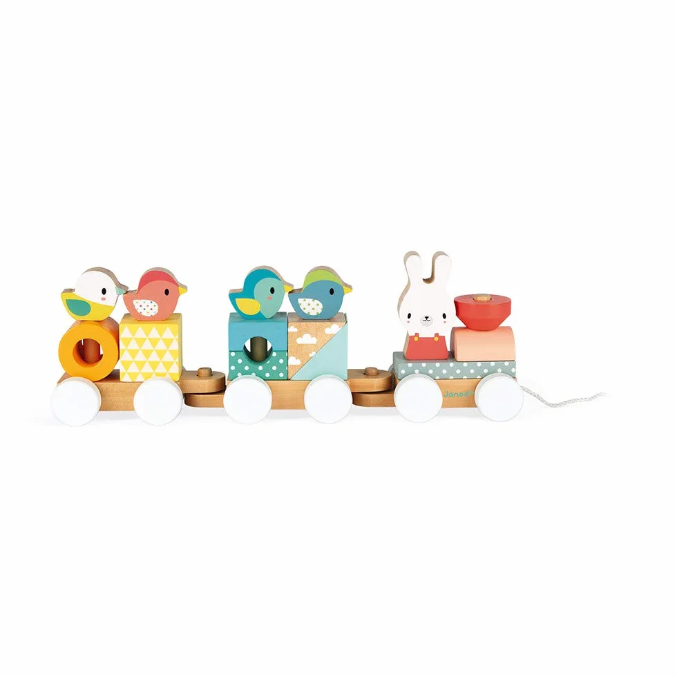 Janod - Pure Wooden Train - 2-in-1 Pull-Along Toy - Motor Skills Training and Manipulation - Water-based Paint - From 1 Year Old, J05157