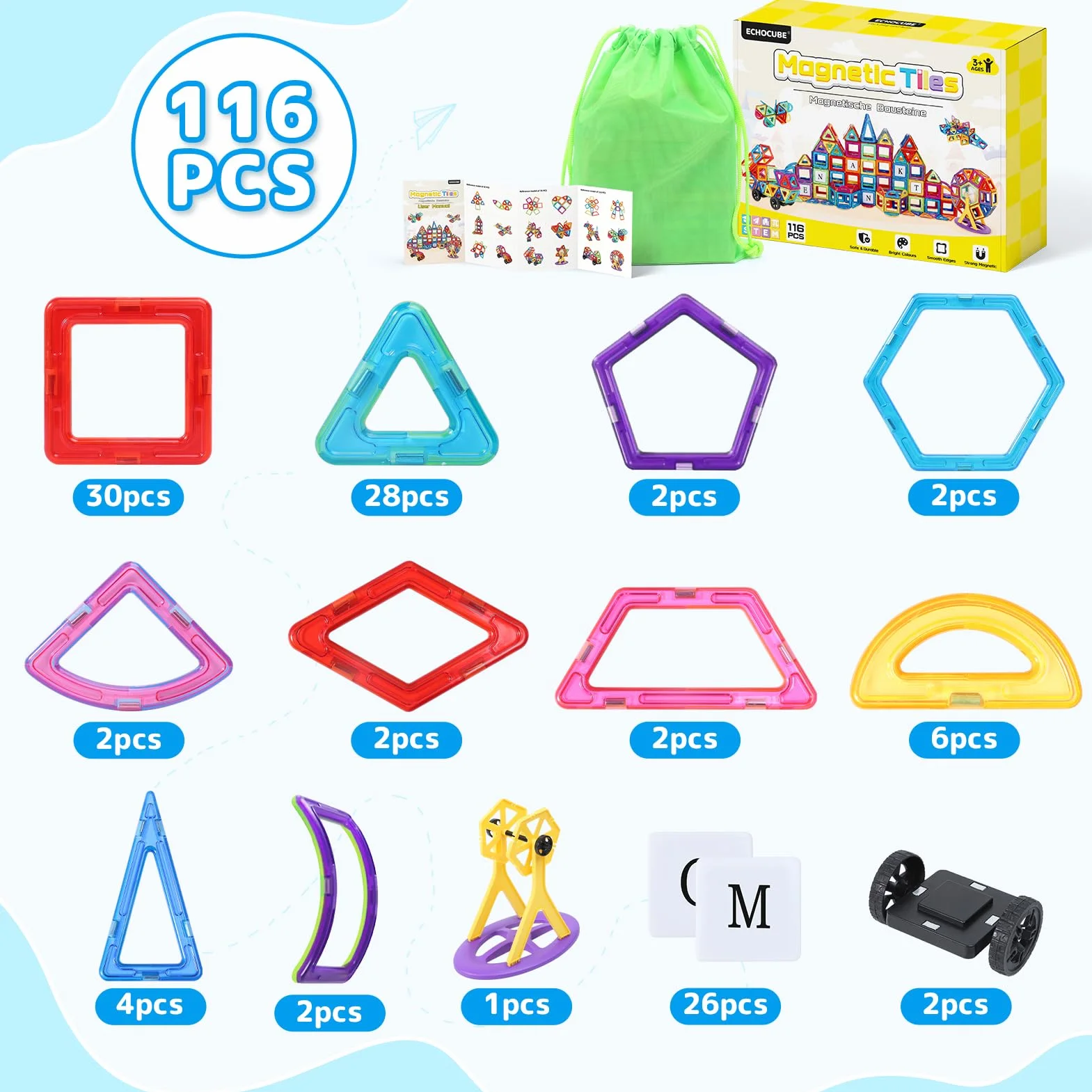 Zestaw magnetycznych płytek dla dzieci 116PC - płytki konstrukcyjne, zabawki budowlane STEM, edukacyjne klocki magnetyczne dla dzieci, chłopców i dziewcząt