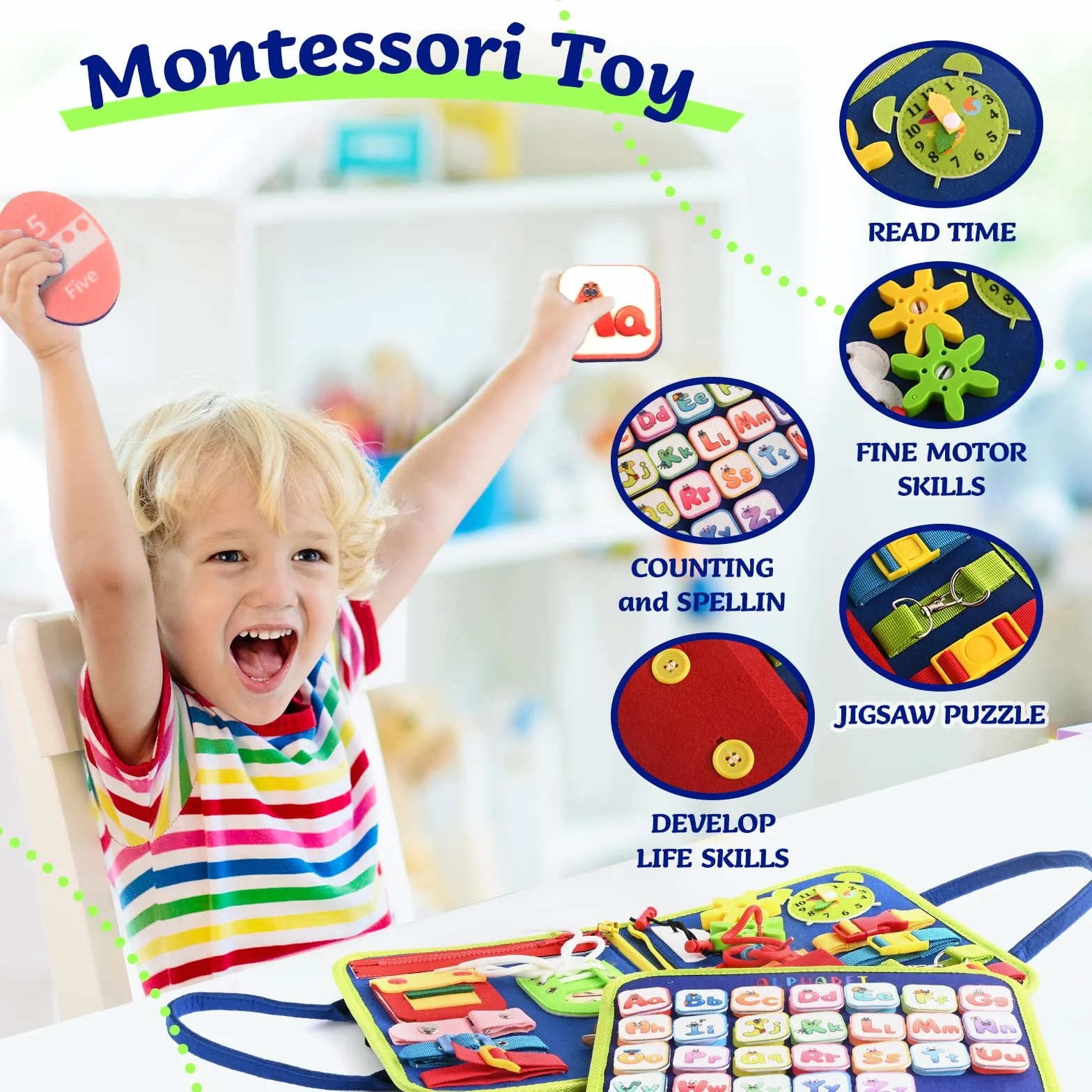 TenFans Space World Busy Board dla dzieci, zabawka Montessori, 3, 4, 5 lat, gra edukacyjna do nauki umiejętności motorycznych, zabawki dla niemowląt, zabawki podróżne do podróży samolotem, samochód