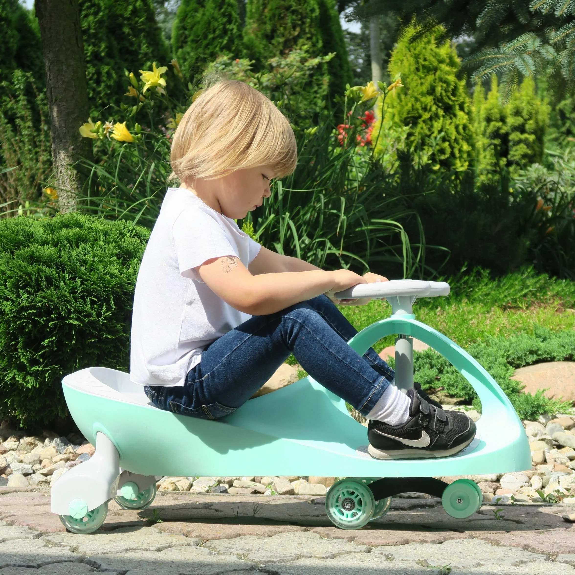 Jeździk dla Dzieci 3+, Samochodzik TwistCar, Auto dla Malucha, Pojazd dla Chłopca i Dziewczynki, Autko Twist Car z Kierownicą, Kauczukowe Koła, Obciążenie do 120 kg, Miętowy LED