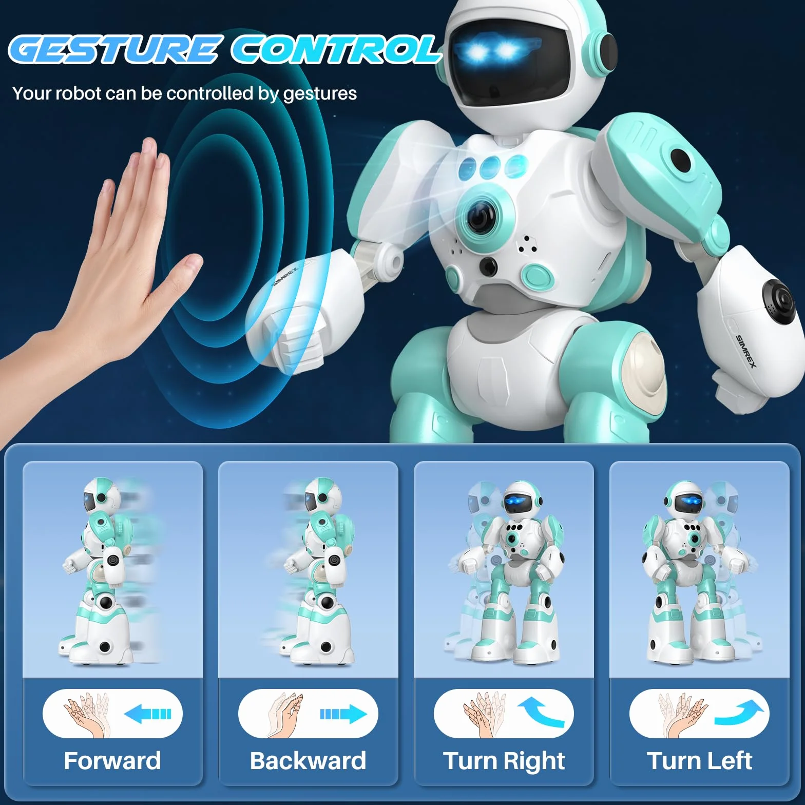 SIMREX Robot dla dzieci, ładowalny i projekcyjny, Robot RC z oczami LED i muzyką, zabawka RC z czujnikiem gestu dla 3 4 5 6 7 8 lat prezent dla chłopców i dziewcząt, jasnoniebieski