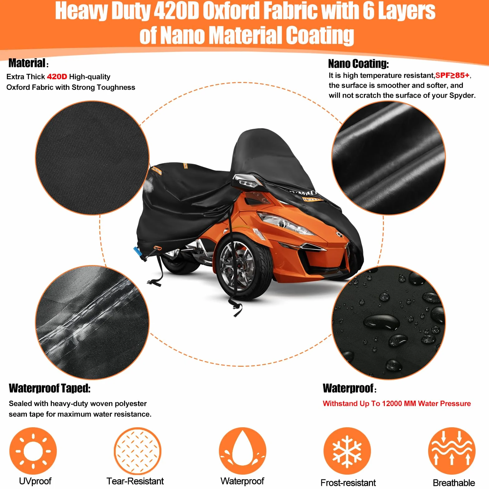 Can-Am Spyder Wodoodporna plandeka 420D Spyder Full Cover z 3 paskami odblaskowymi do Can-Am Spyder RT/F3 S/Limited, trzykołowy pokrowiec na motocykl, ochrona zewnętrzna