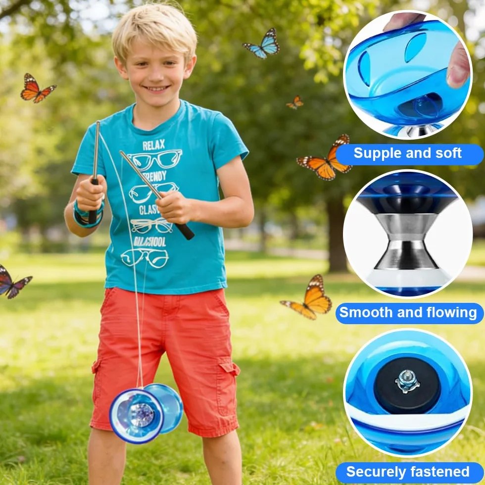 Diabolo LED z łożyskami kulkowymi, 4,5 mm DiaBolo wolnobieg z łożyskiem kulkowym, zabawka do żonglerki Diabolo z piłkami do żonglerki dla dorosłych, początkujących profesjonalistów (niebieski)