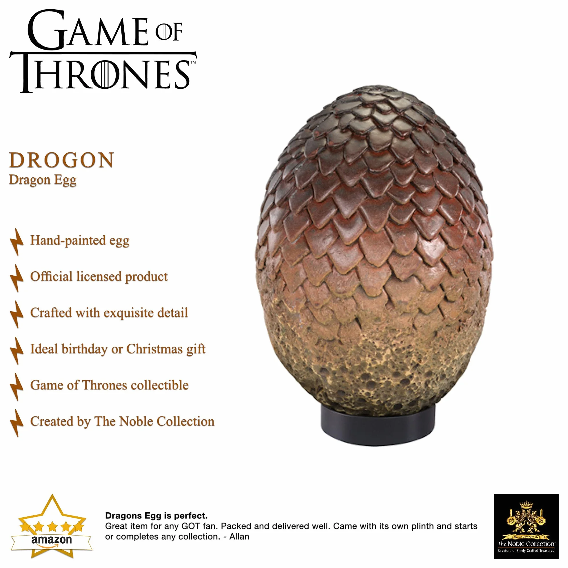 The Noble Collection Game of Thrones Drogon Egg - 11in (28cm) Ręcznie malowane Smocze jajko - Oficjalnie licencjonowane rekwizyty do serialu telewizyjnego repliki prezentów
