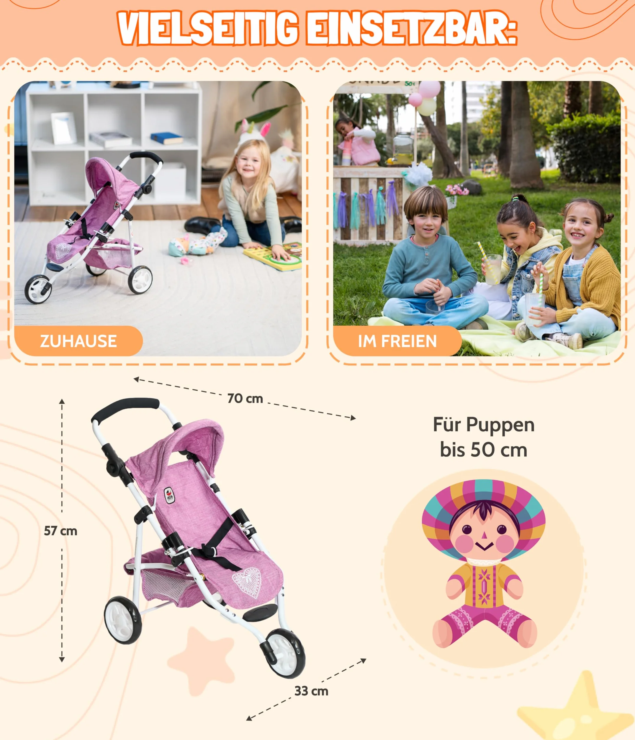 Bayer Chic 2000 - Buggy dla lalek Lola, joggery dla lalek, wózek dla lalek, kwiaty, 612-53, kwiaty, różowy, 70 x 33 x 62 cm