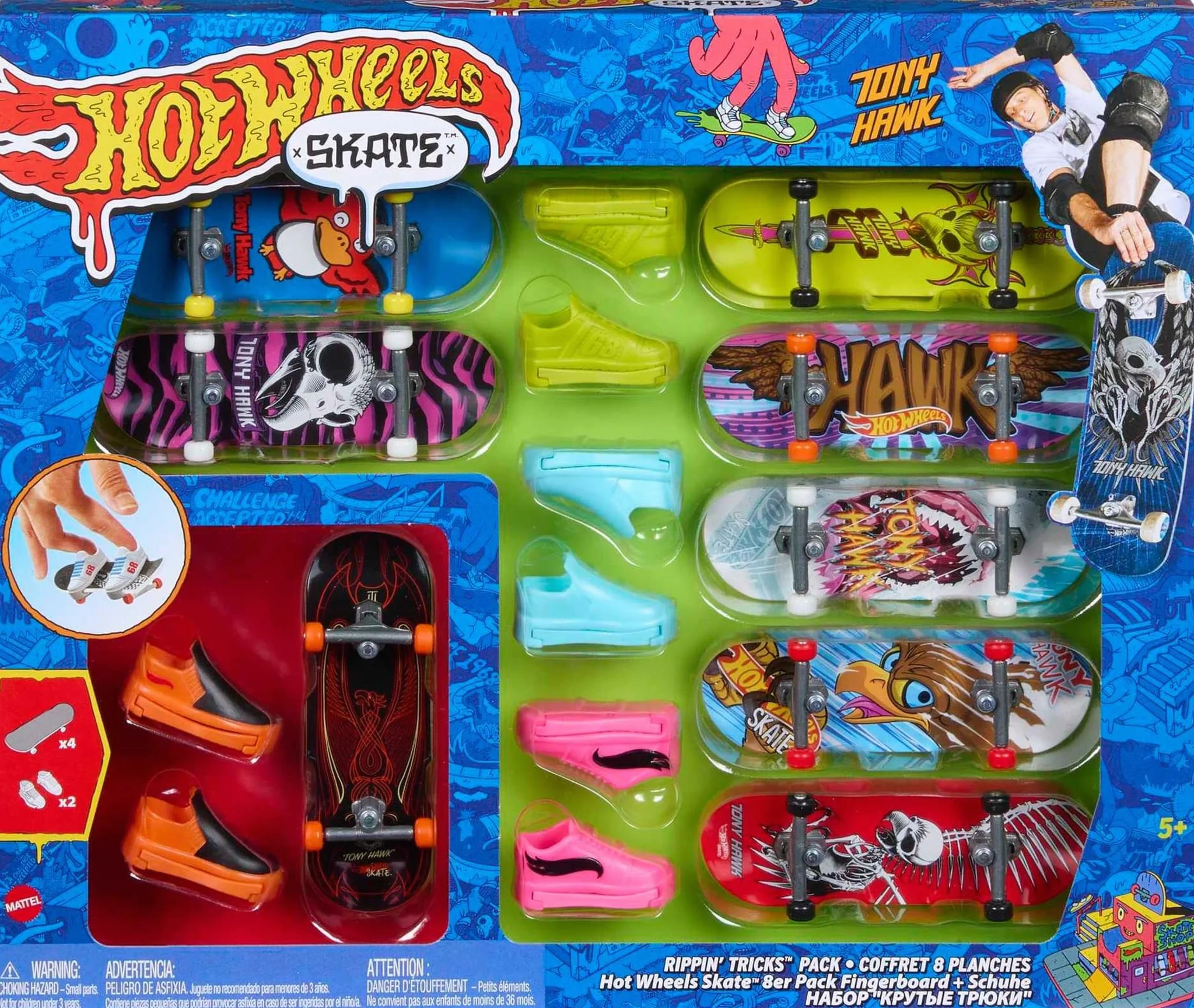 Hot Wheels HMY19 - HW Skate, 8 w pełni zmontowanych deskorolek z palcami Tony Hawk i 4 pary butów do deskorolki, 1 ekskluzywny zestaw, pakiet 8 opakowań, zabawki od 4 lat