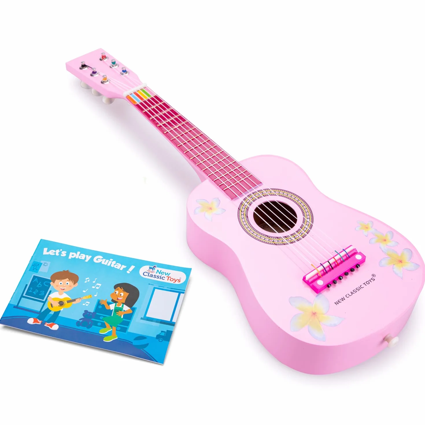New Classic Toys - 10348 - instrument muzyczny - zabawka gitara drewniana - różowa z kwiatami