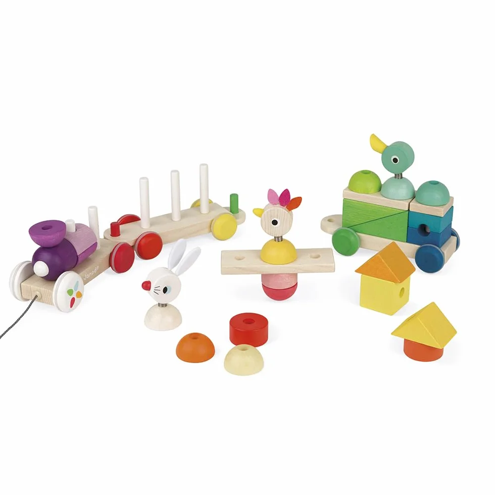 Janod - Zigolos Giant Multicoloured Wooden Train - 2-In-1 Early Learning Pull-Along Toy - Motor Skills Training - Water-Based Paint - Fsc Certified - from 1 Year Old, J08202