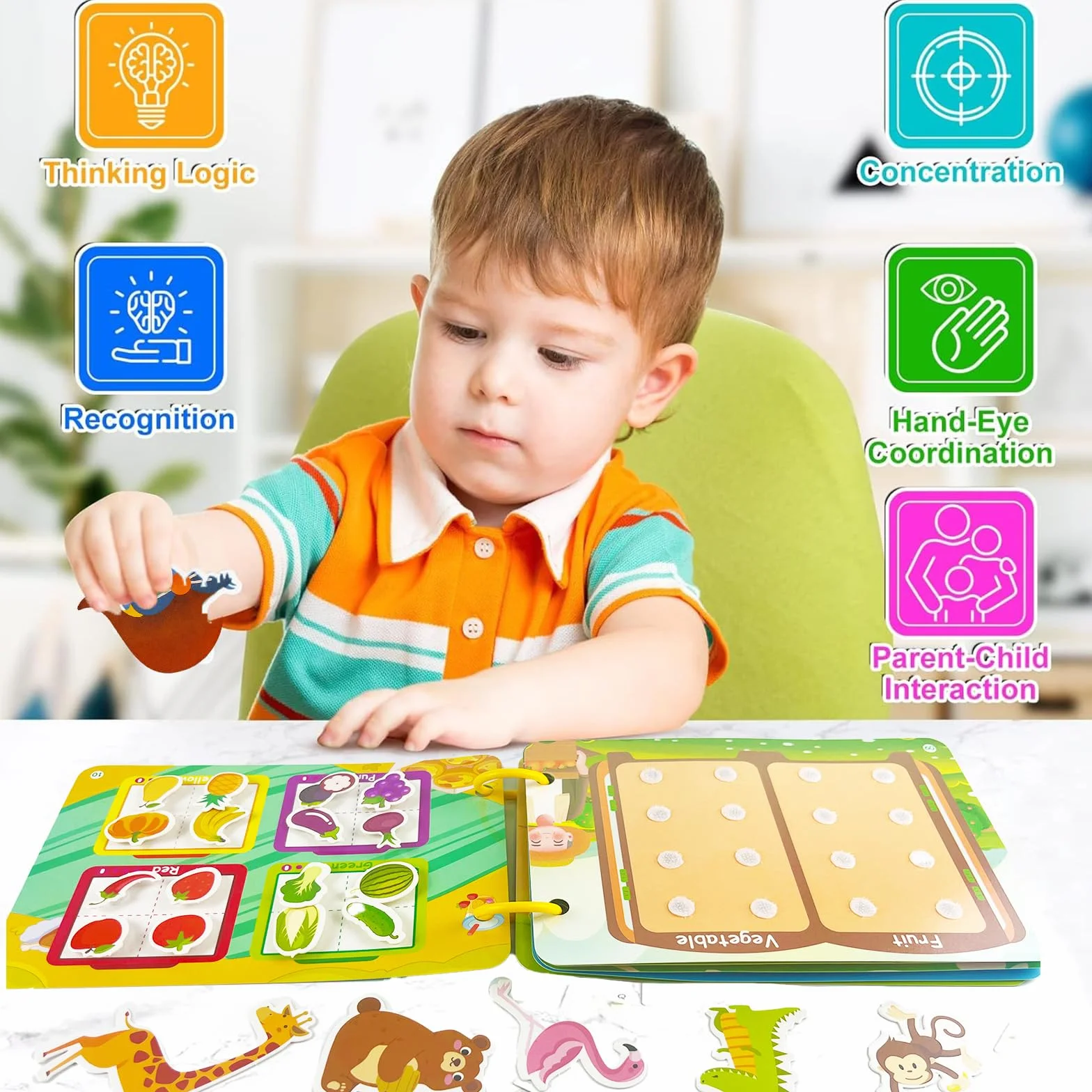 2PC Montessori Busy Book dla dzieci 1 2 3 4 5 lat, Quiet Book, książka z ćwiczeniami do nauki zwierząt, kolory, kształty, owoce, warzywa, pojazdy, żywność i dinozaury