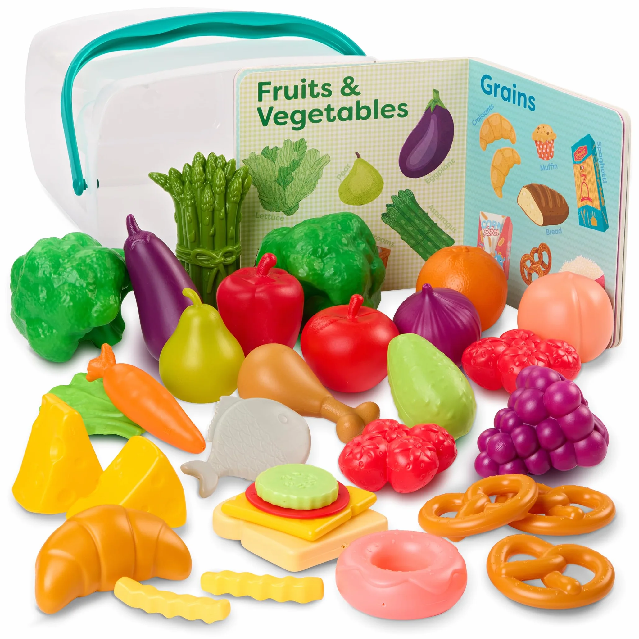B. toys Zestaw planszy, 32-częściowy zestaw do zabawy - Educational Book for Toddlers - Storage Bucket with Lid - 2 Years + - Foodie Fun, wielokolorowy (Branford BX2125Z)