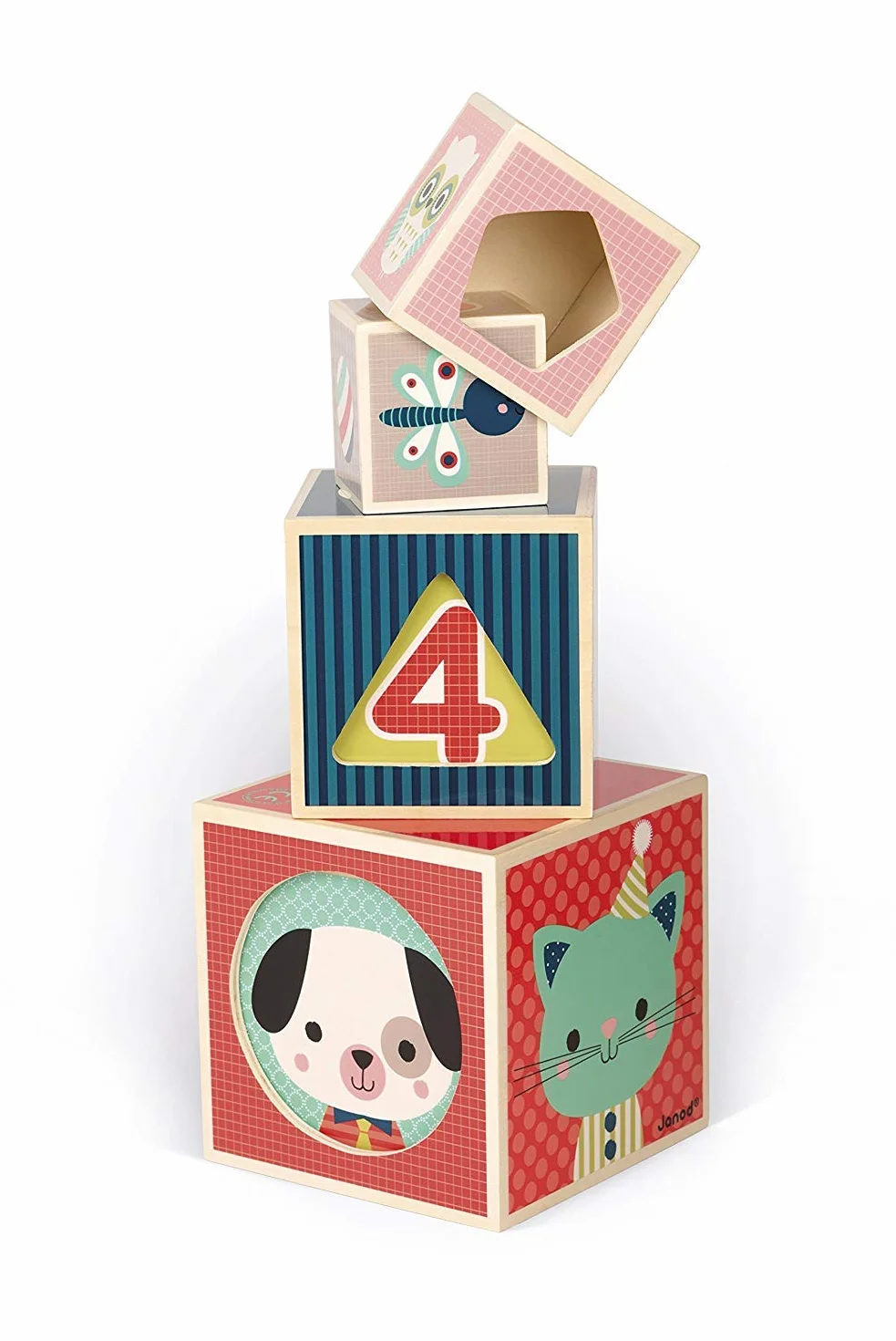 Janod - Baby Forest 6-Cube Wooden Pyramid - Early Learning Toy - Stacking and Building Toy - Fine Motor Skills and Manipulation - from 1 Year Old, J08016
