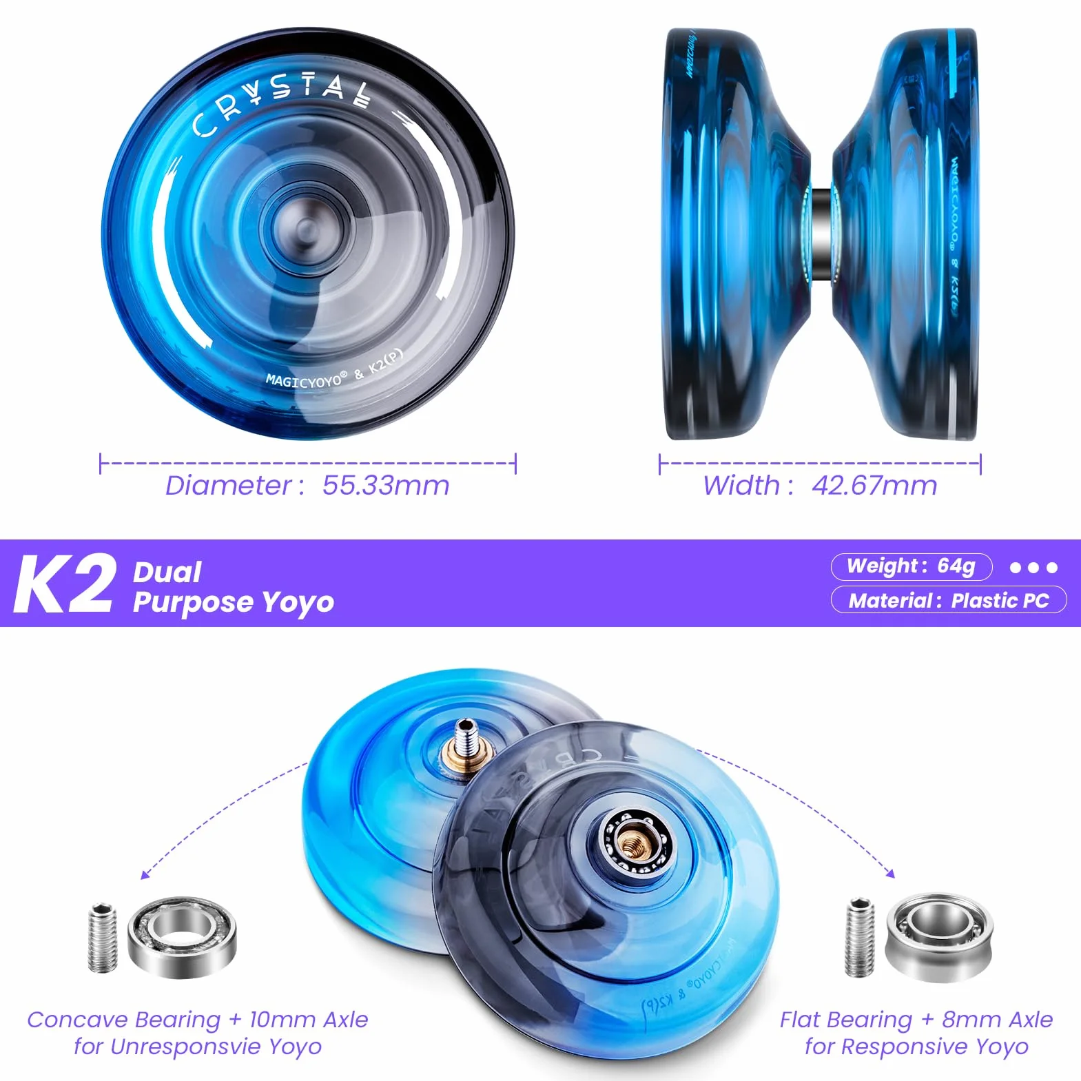 MAGICYOYO Responsywny Yoyo dla dzieci K2 Crystal Black Blue, 2 w 1 - responsywny i nie reaguje Yo Yo, Finger Spin Trick Yoyo z niereagującym łożyskiem, 12 strun, torba jo-jo, narzędzie i akcesoria
