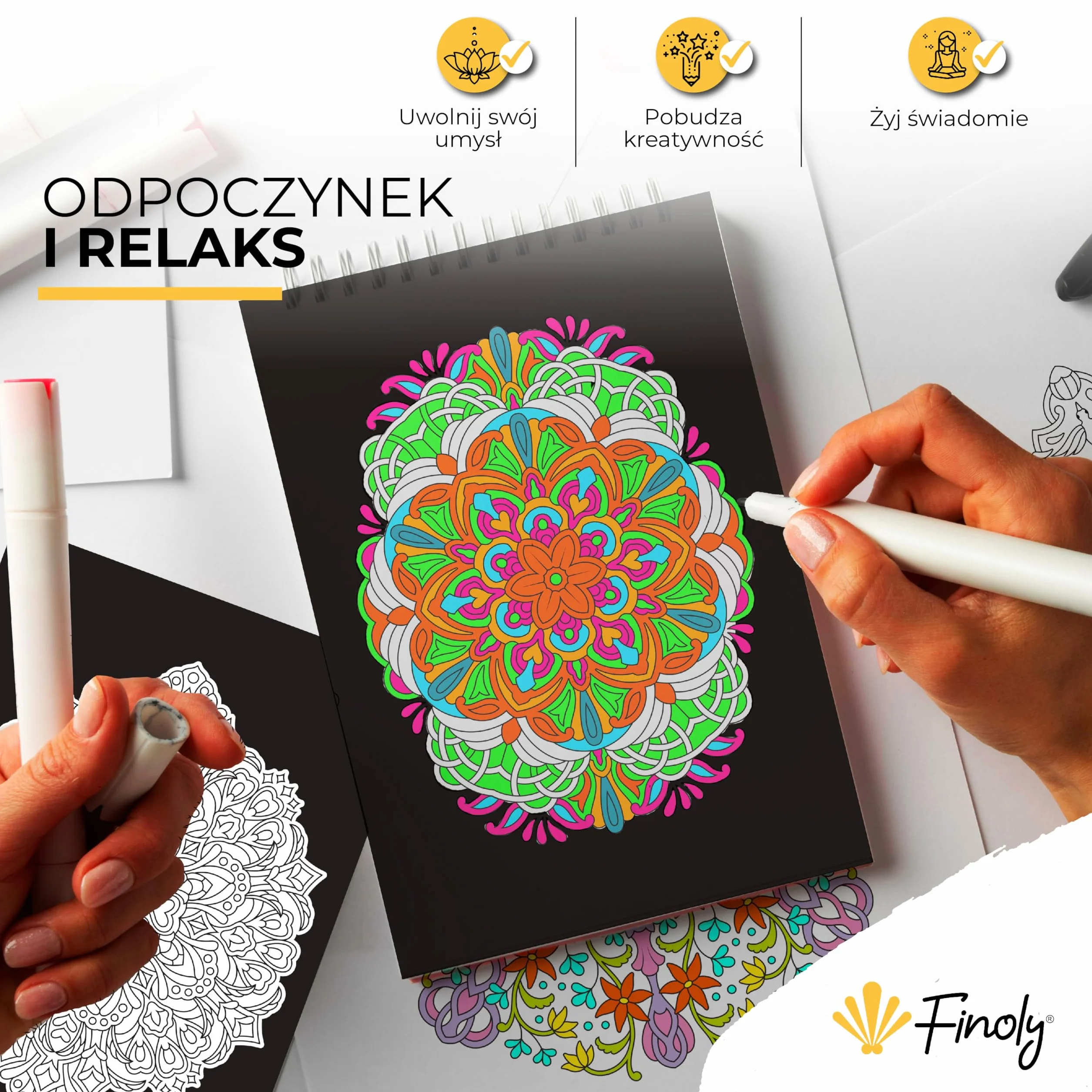 Finoly Mandala kolorowanka dla dorosłych, mandala kolorowanka dla dorosłych, 30 oryginalnych ilustracji, format A4, papier premium, oprawa spiralna, VOL 2 (noc)