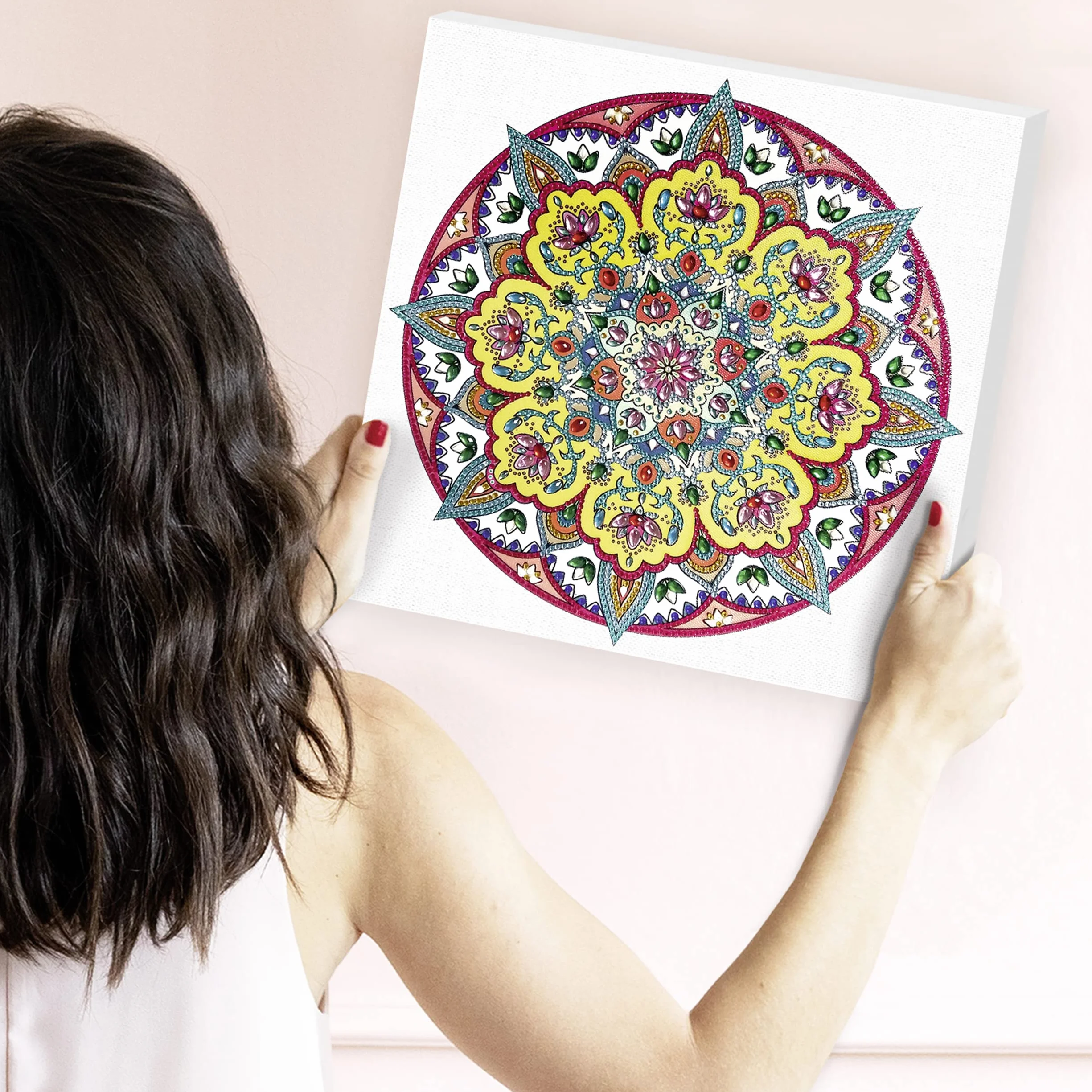 Ursus 43520003F Zestaw 3 diamentowych obrazów, mandala, zestaw do majsterkowania z kamyczkami w kolorze żółtym, białym i czerwonym, 1 płótno 30 x 30 x 1,5 cm
