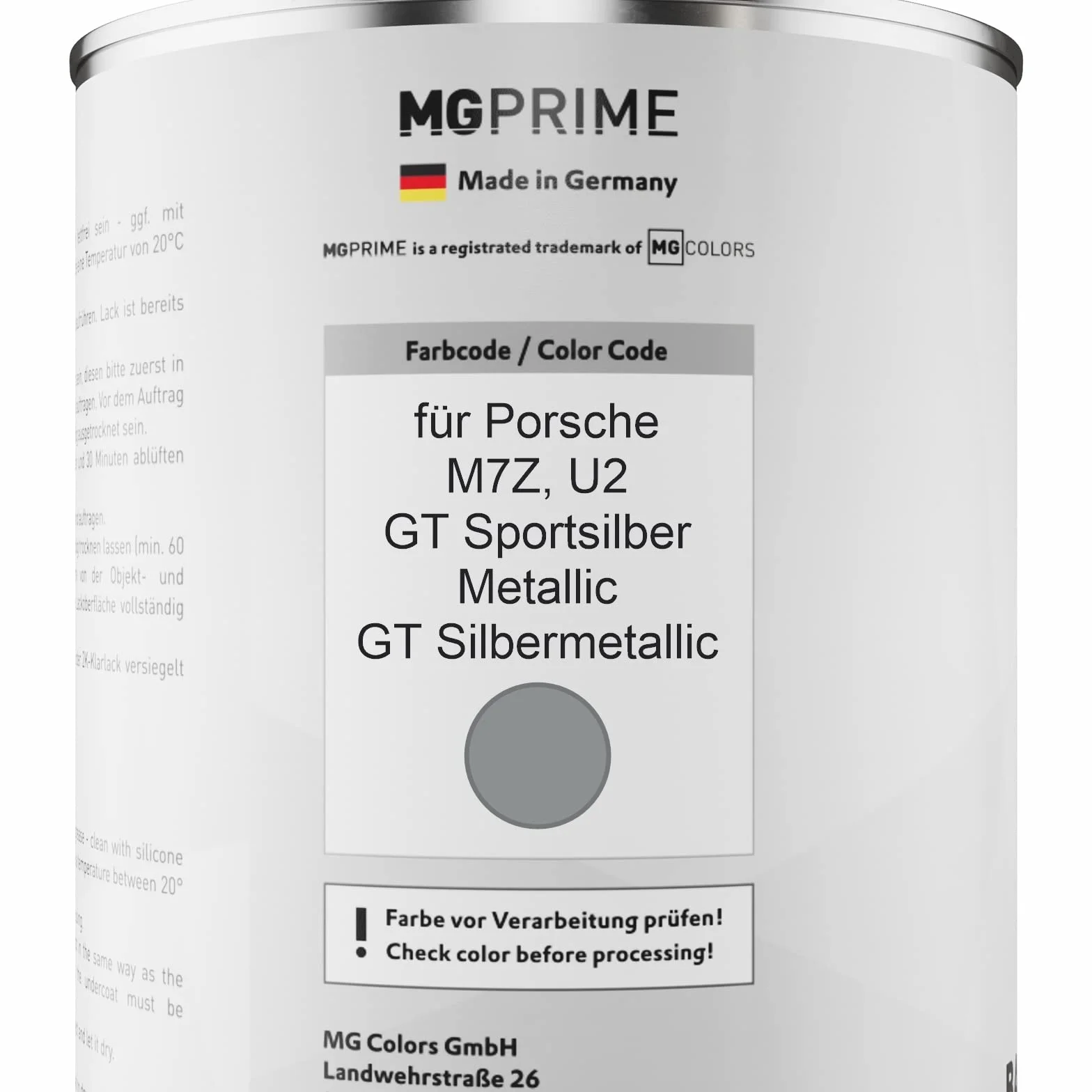 MG PRIME Lakier samochodowy Puszka gotowa do natrysku dla Porsche M7Z / U2 GT Sportsilber Metallic/GT Silver Metallic Lakier bazowy 1.0 litr 1000ml